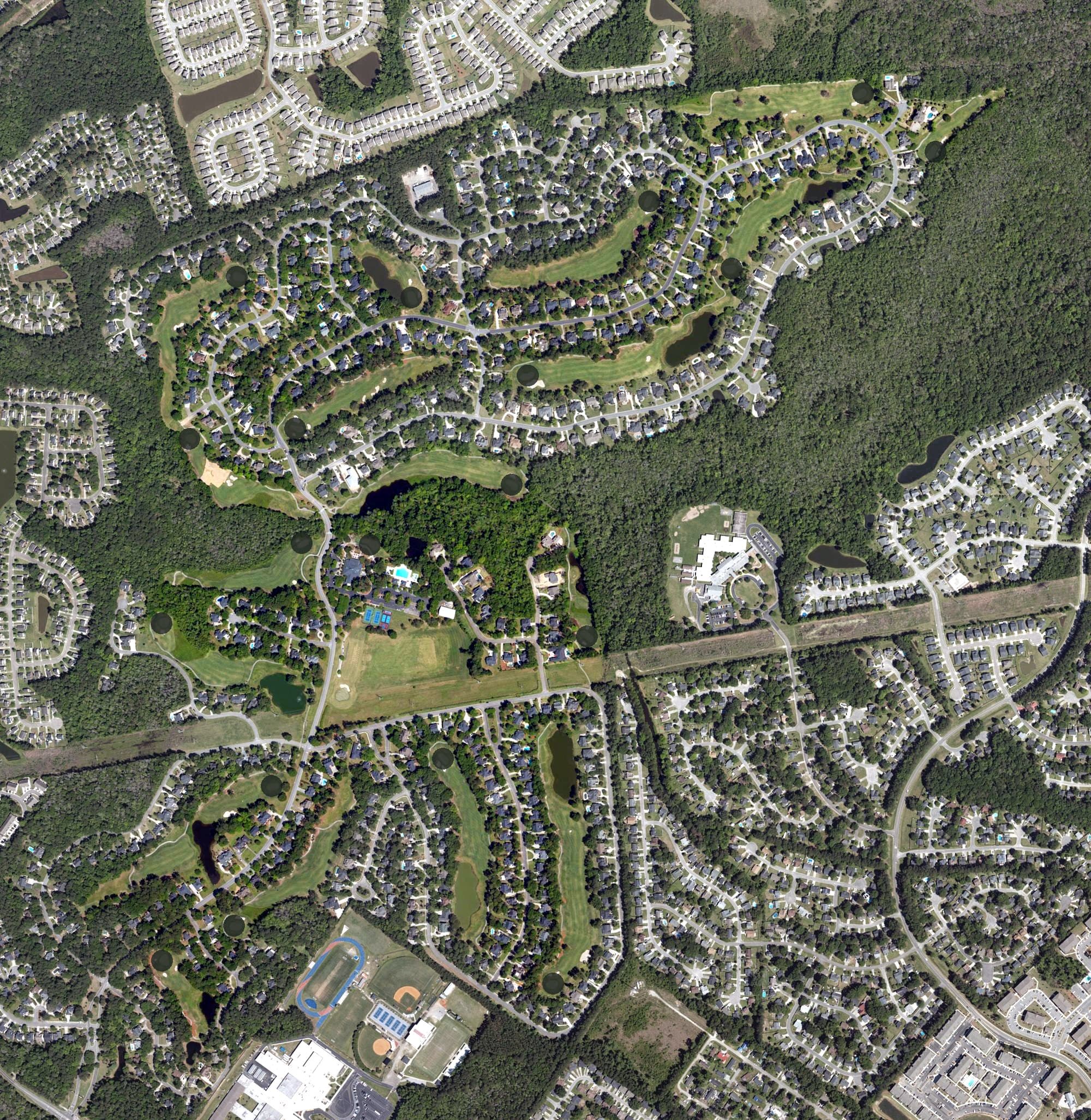 Aerial view of Coosaw Creek Country Club, SC, with its hole routing marked