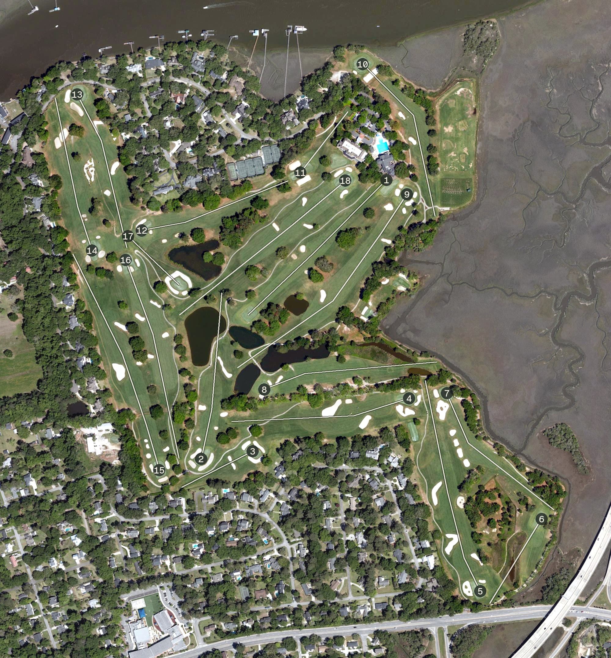 Aerial view of Country Club of Charleston, SC, with its hole routing marked