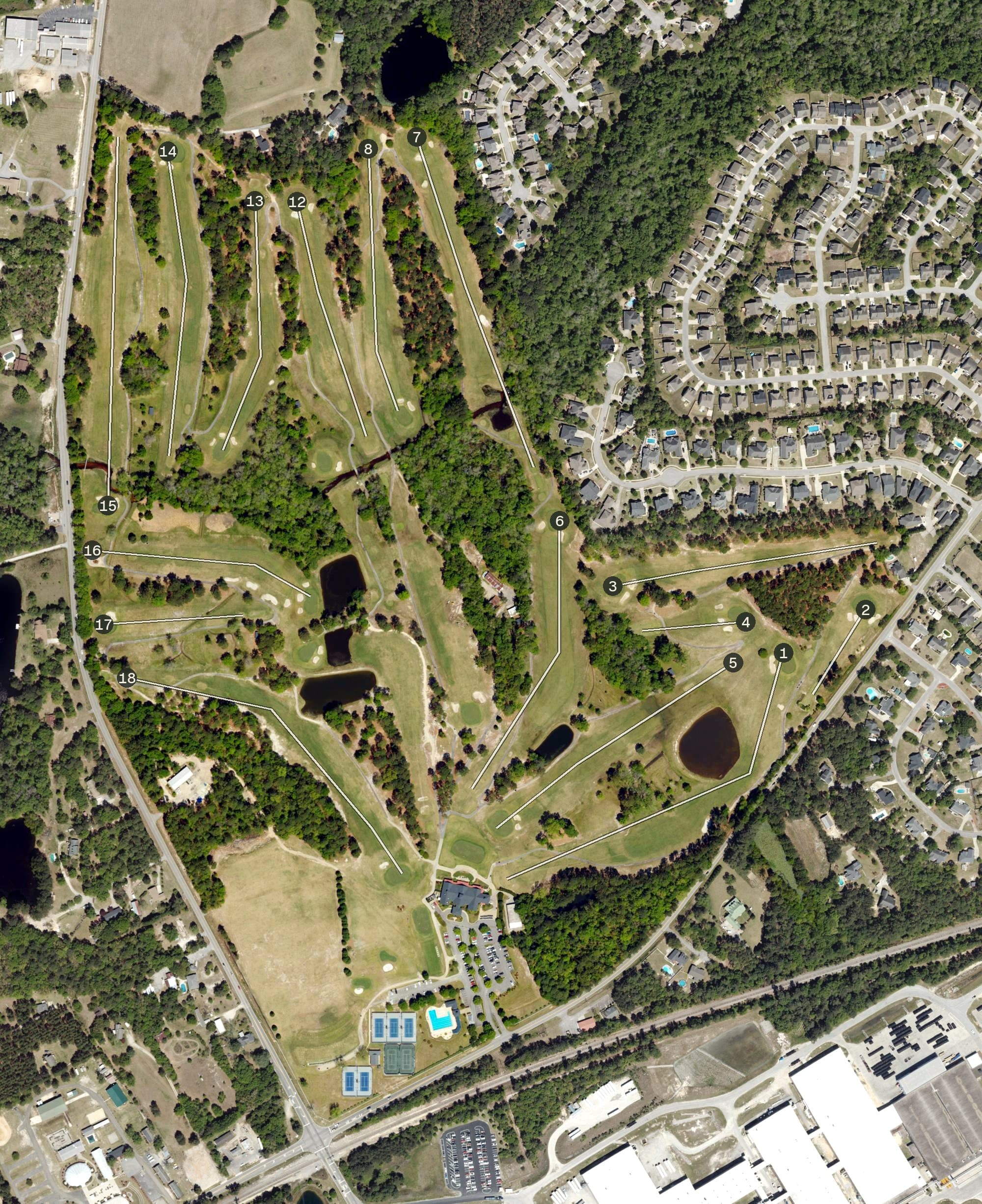 Aerial view of Country Club of Lexington, SC, with its hole routing marked