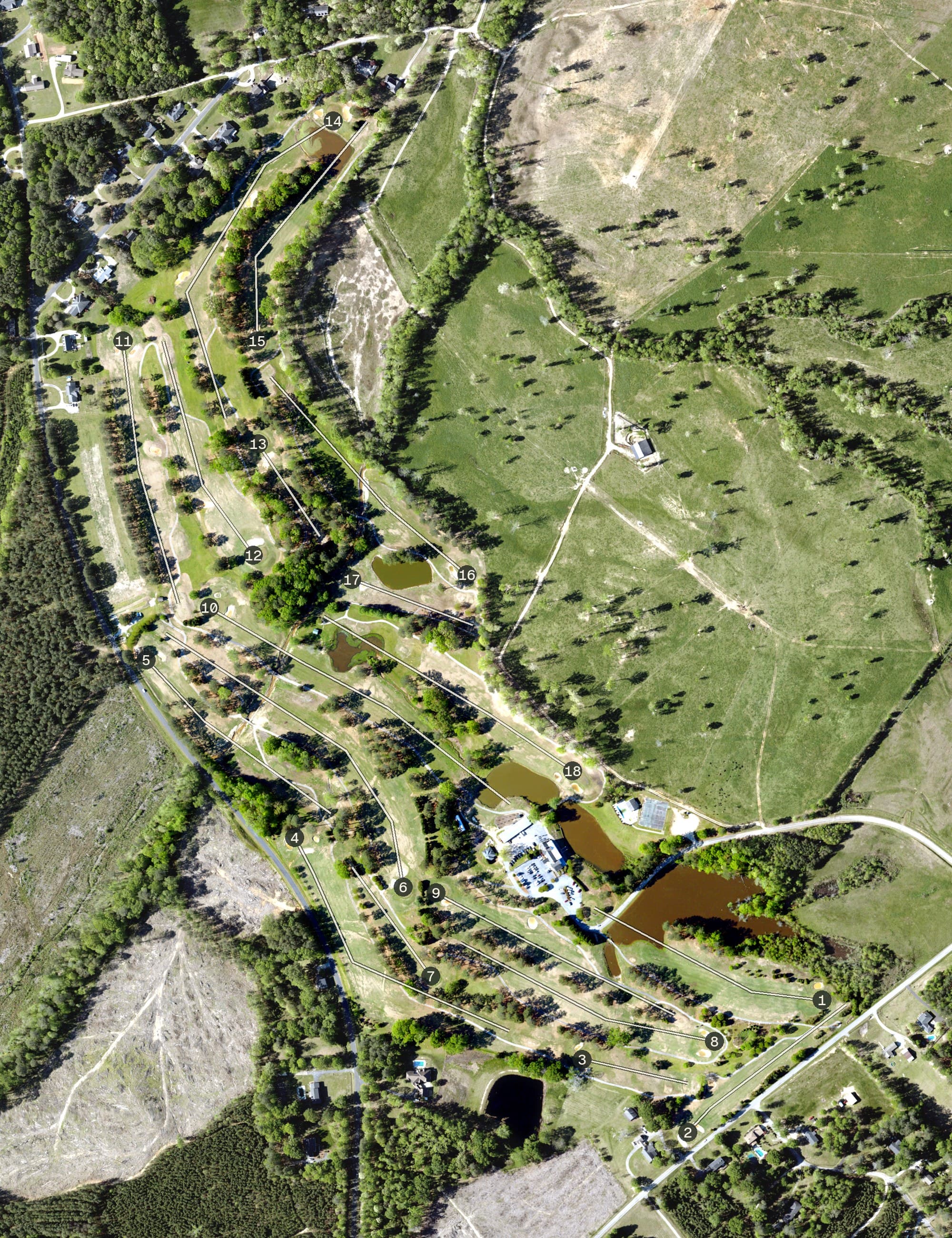 Aerial view of Country Club of Newberry, SC, with its hole routing marked
