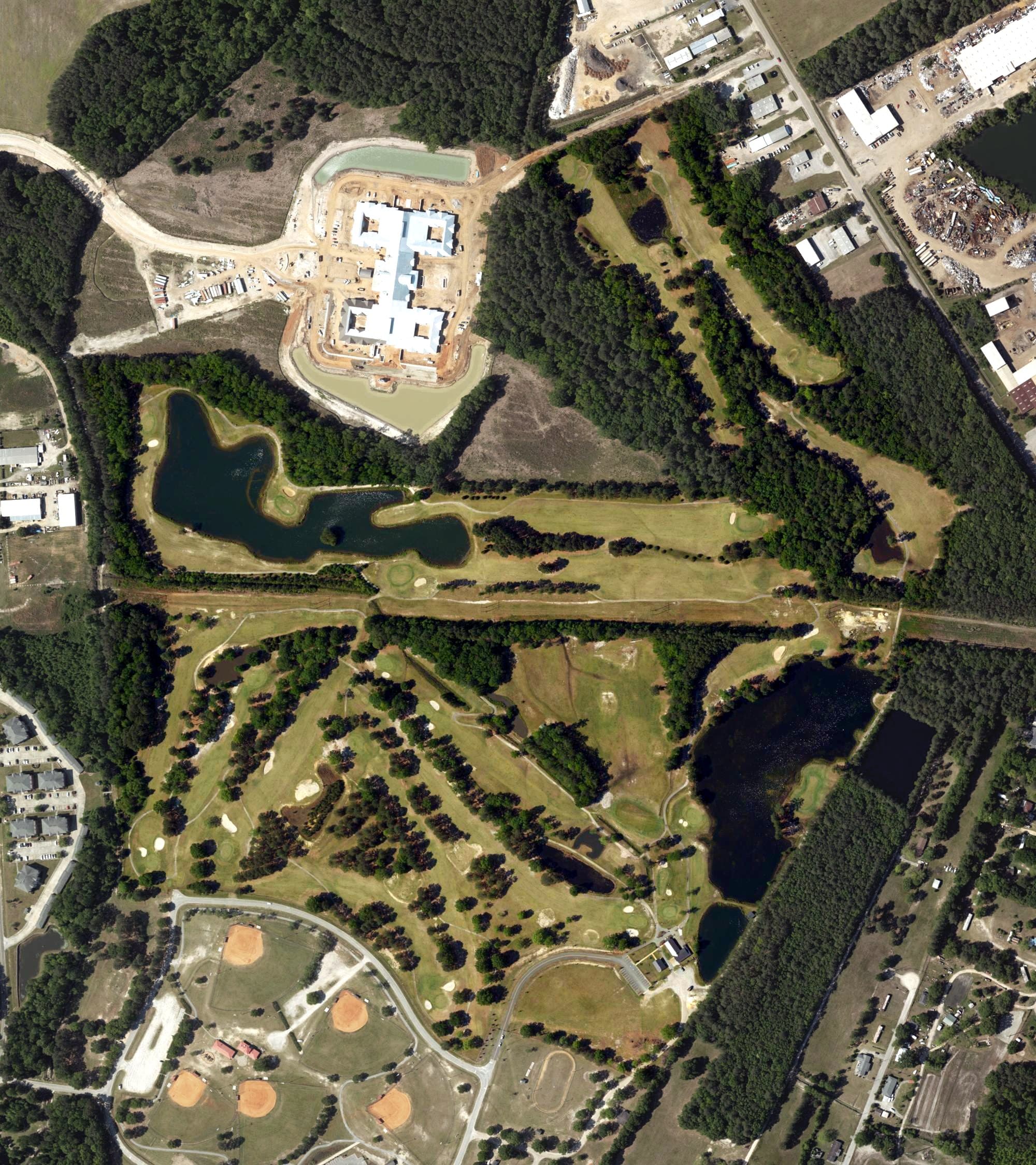 Aerial view of Crystal Lake Golf Course, SC, with its hole routing marked