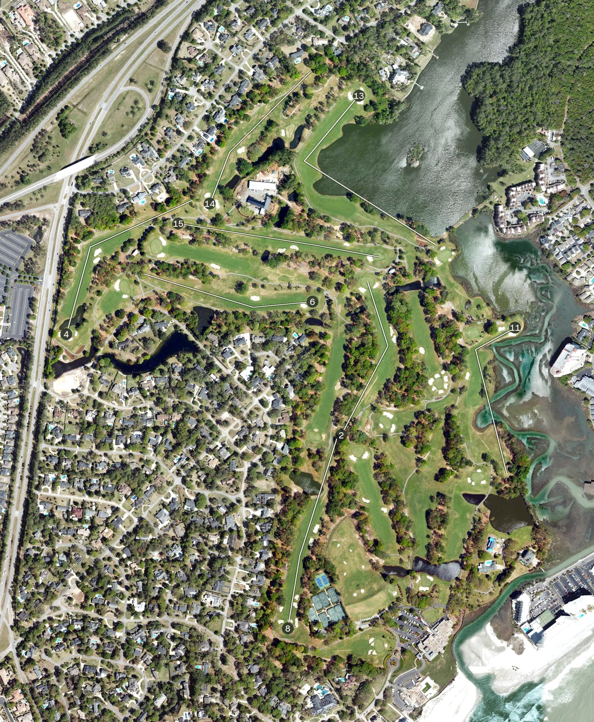 Aerial view of Dunes Golf & Beach Club, SC, with its hole routing marked
