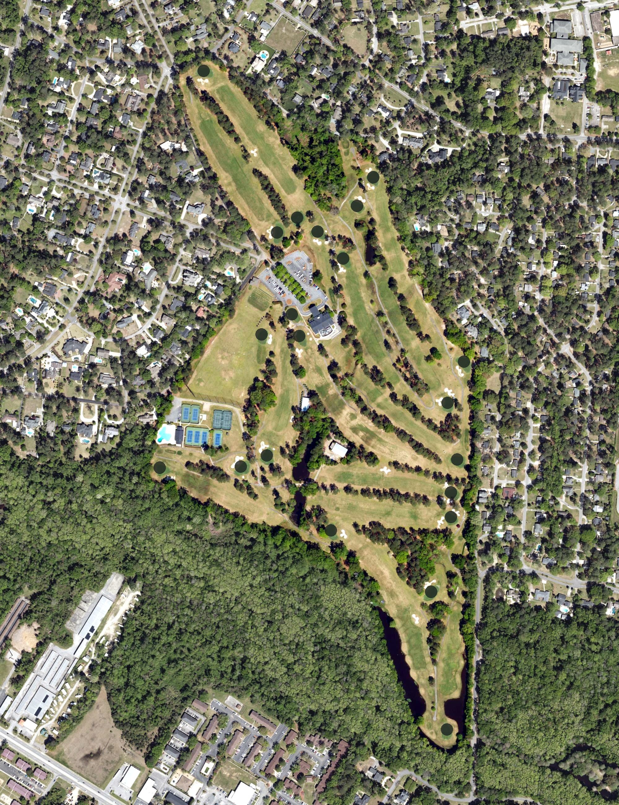Aerial view of Florence Country Club, SC, with its hole routing marked
