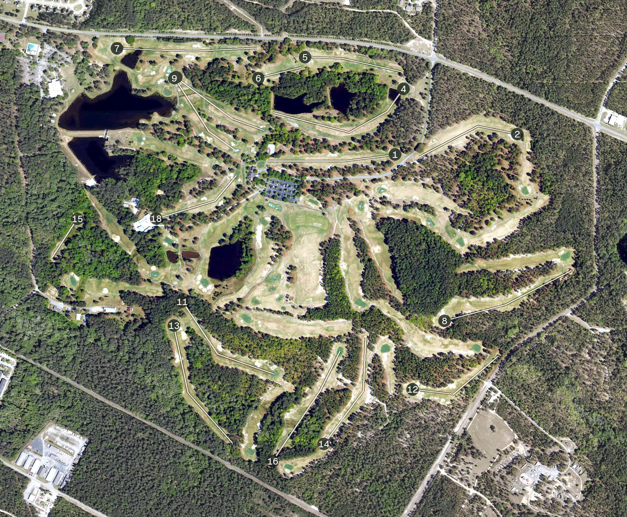 Aerial view of Fort Jackson Golf Club, SC, with its hole routing marked