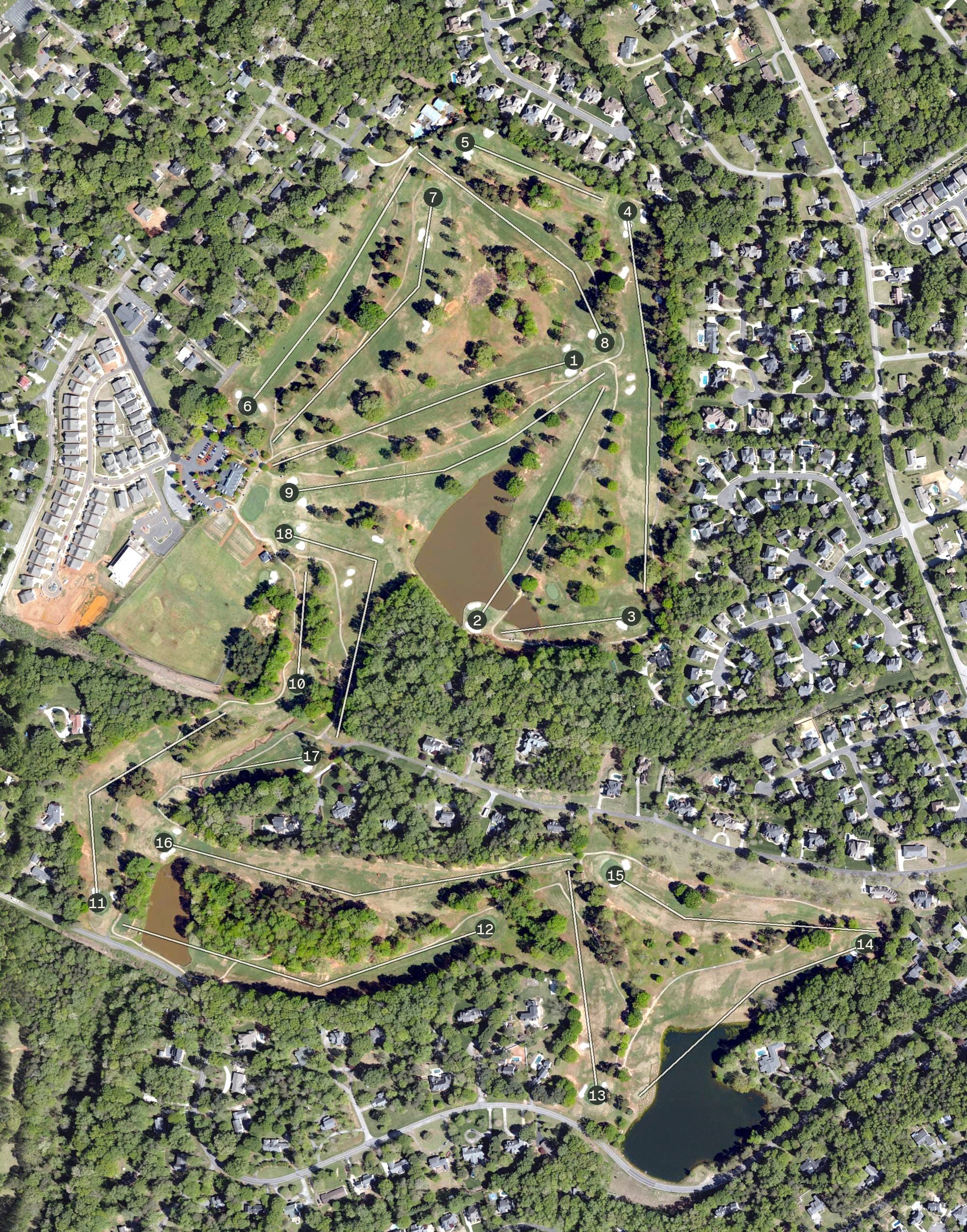 Aerial view of Fort Mill Golf Club, SC, with its hole routing marked
