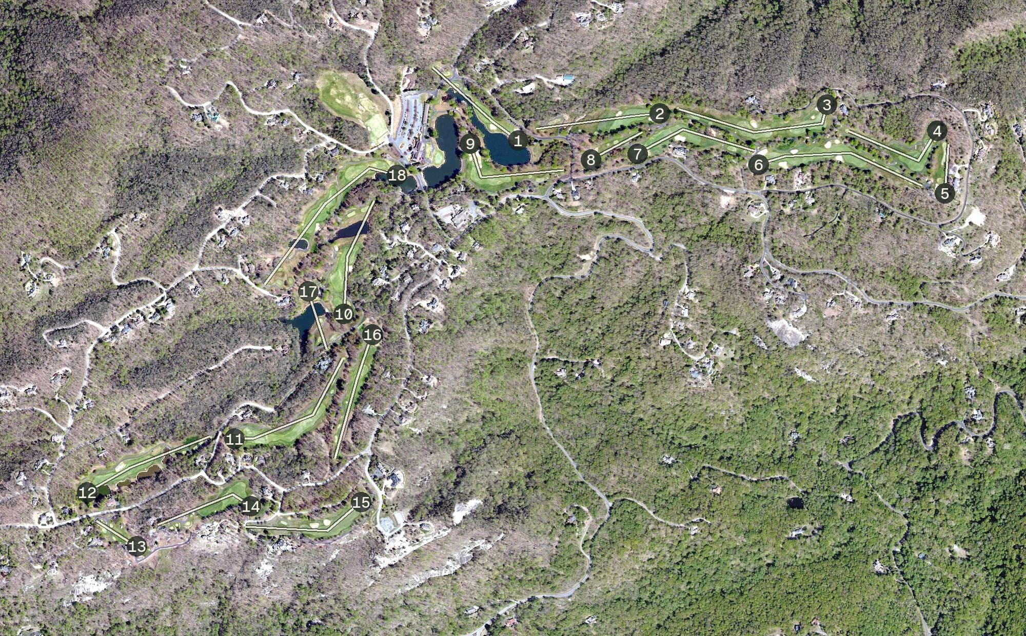 Aerial view of Golf at Glassy, SC, with its hole routing marked