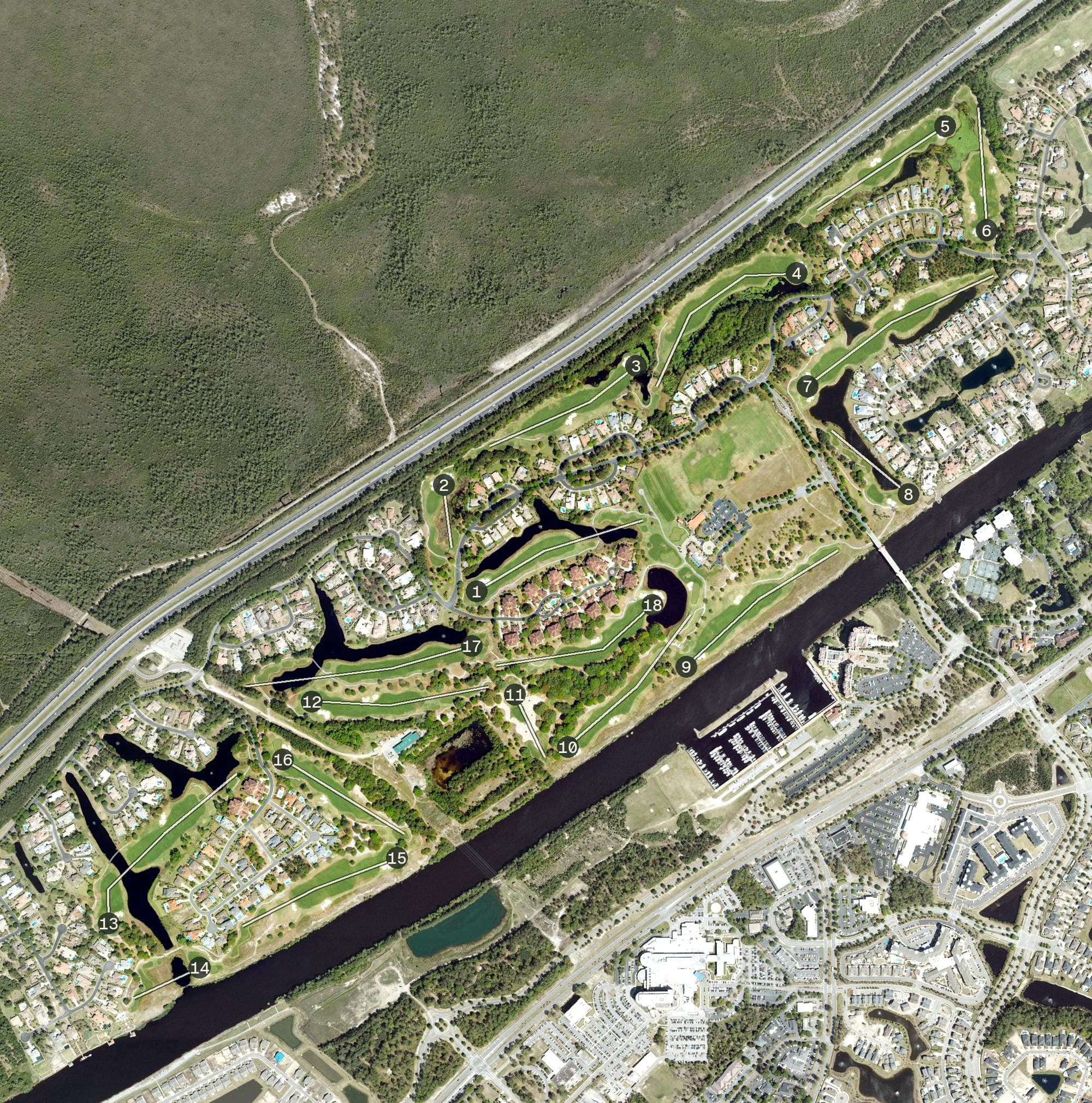 Aerial view of Grande Dunes Resort Course, SC, with its hole routing marked