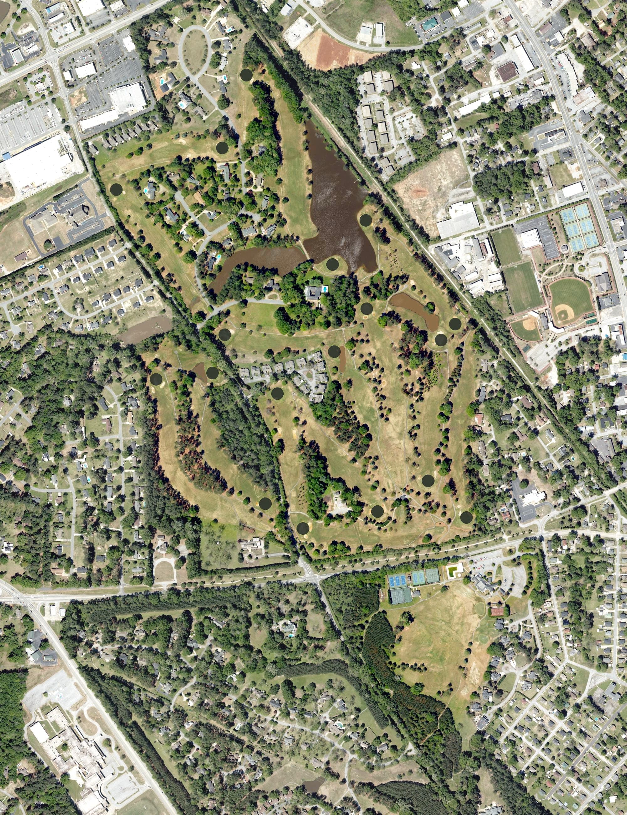 Aerial view of Greenwood Country Club, SC, with its hole routing marked