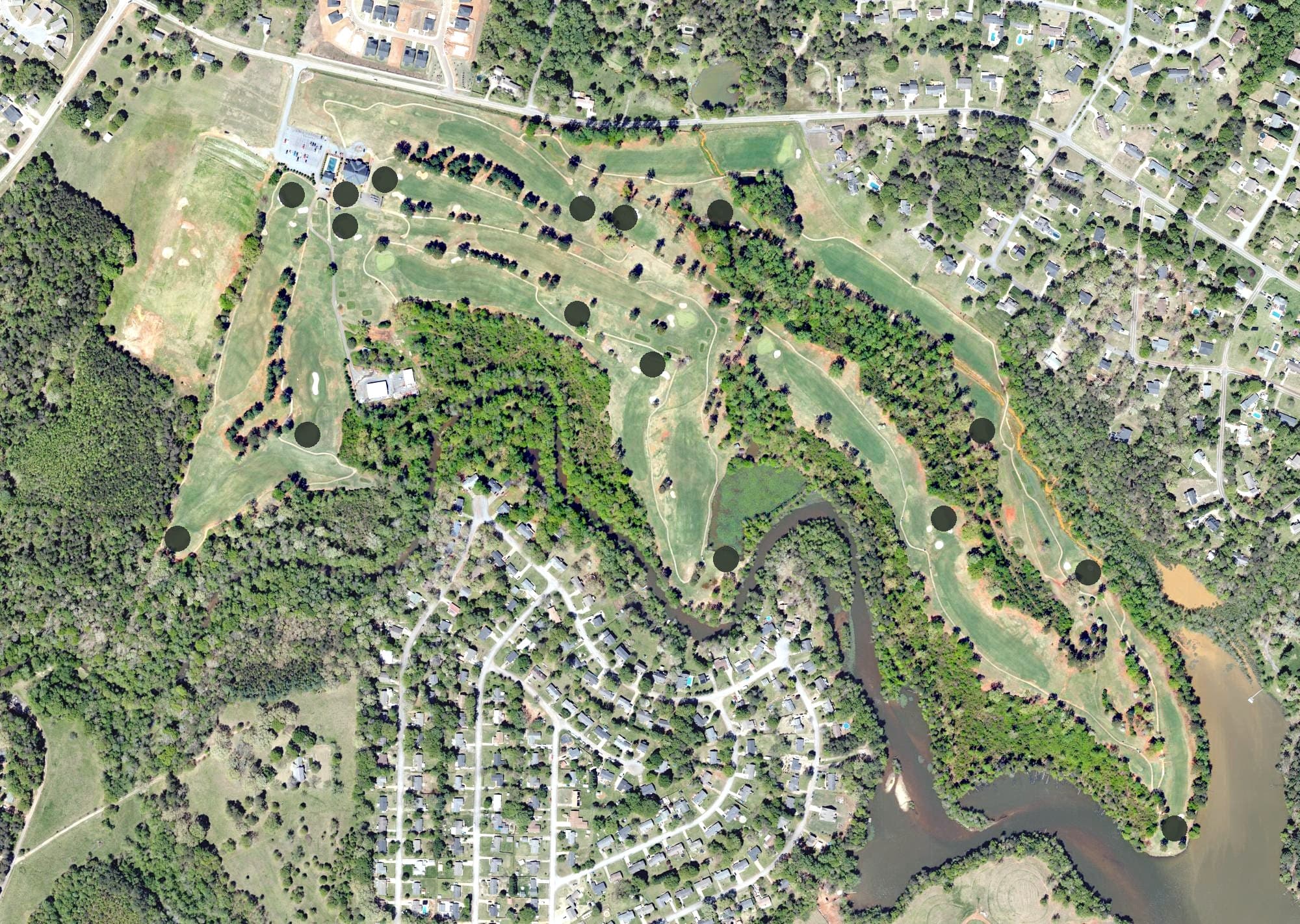 Aerial view of Greer Golf, SC, with its hole routing marked