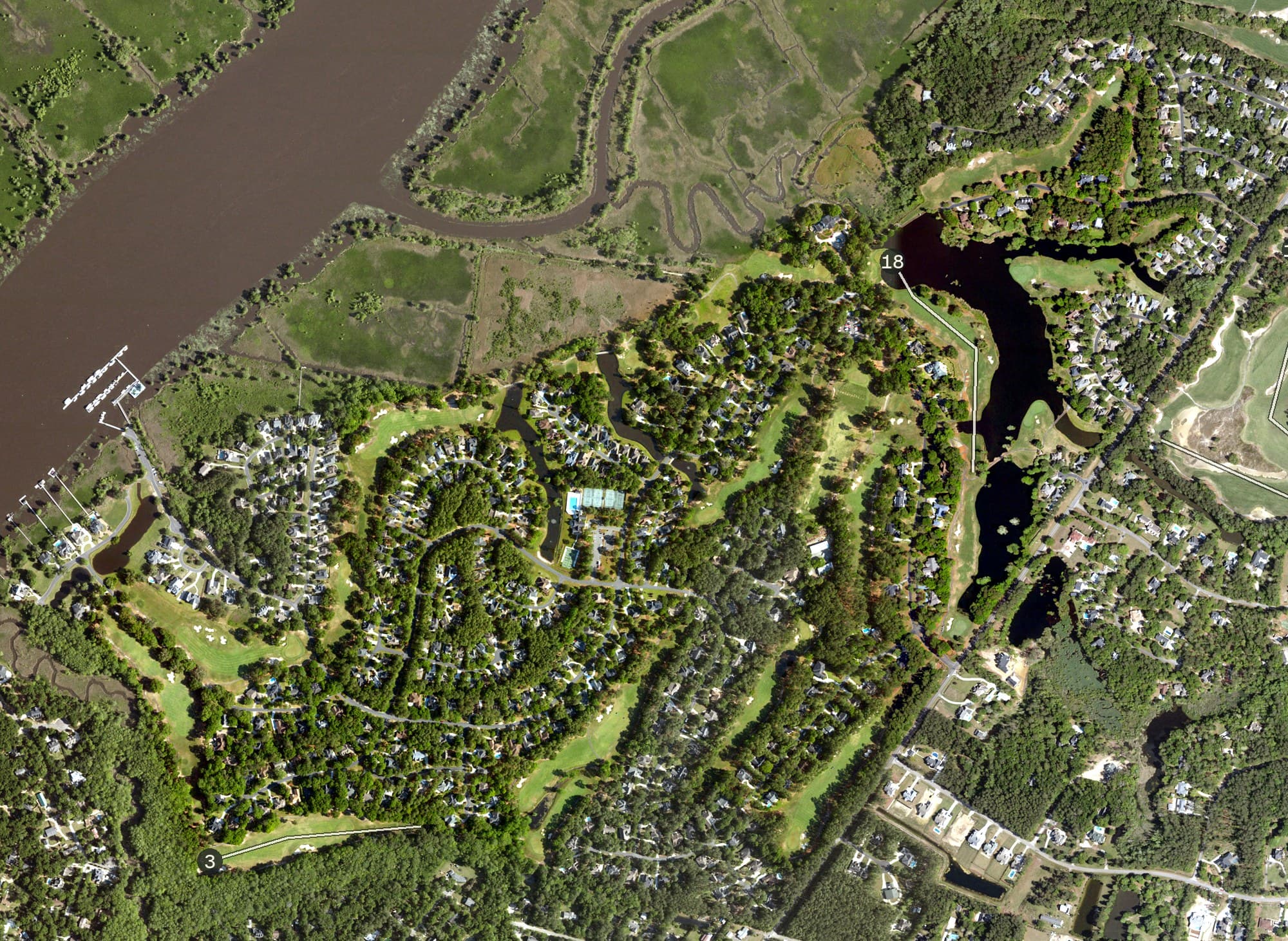 Aerial view of Heritage Club, SC, with its hole routing marked