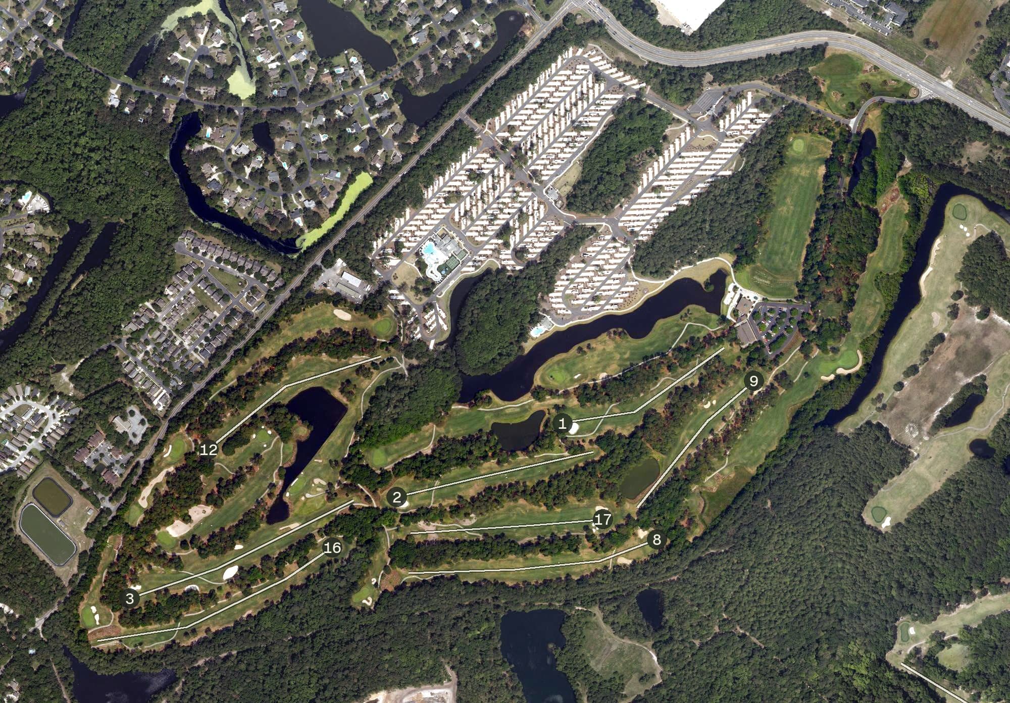 Aerial view of Hilton Head National Golf Club, SC, with its hole routing marked