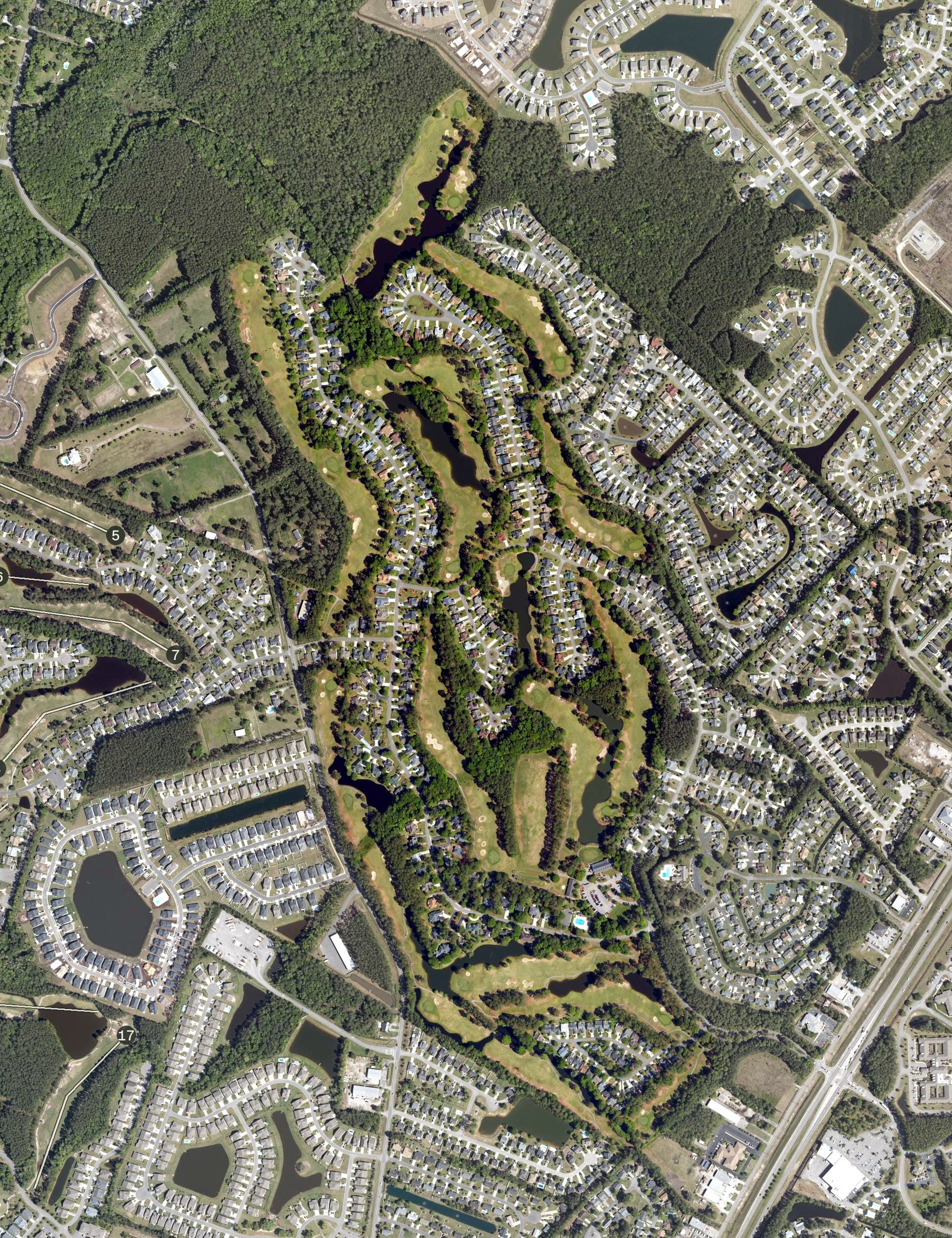 Aerial view of Indigo Creek Golf Club, SC, with its hole routing marked
