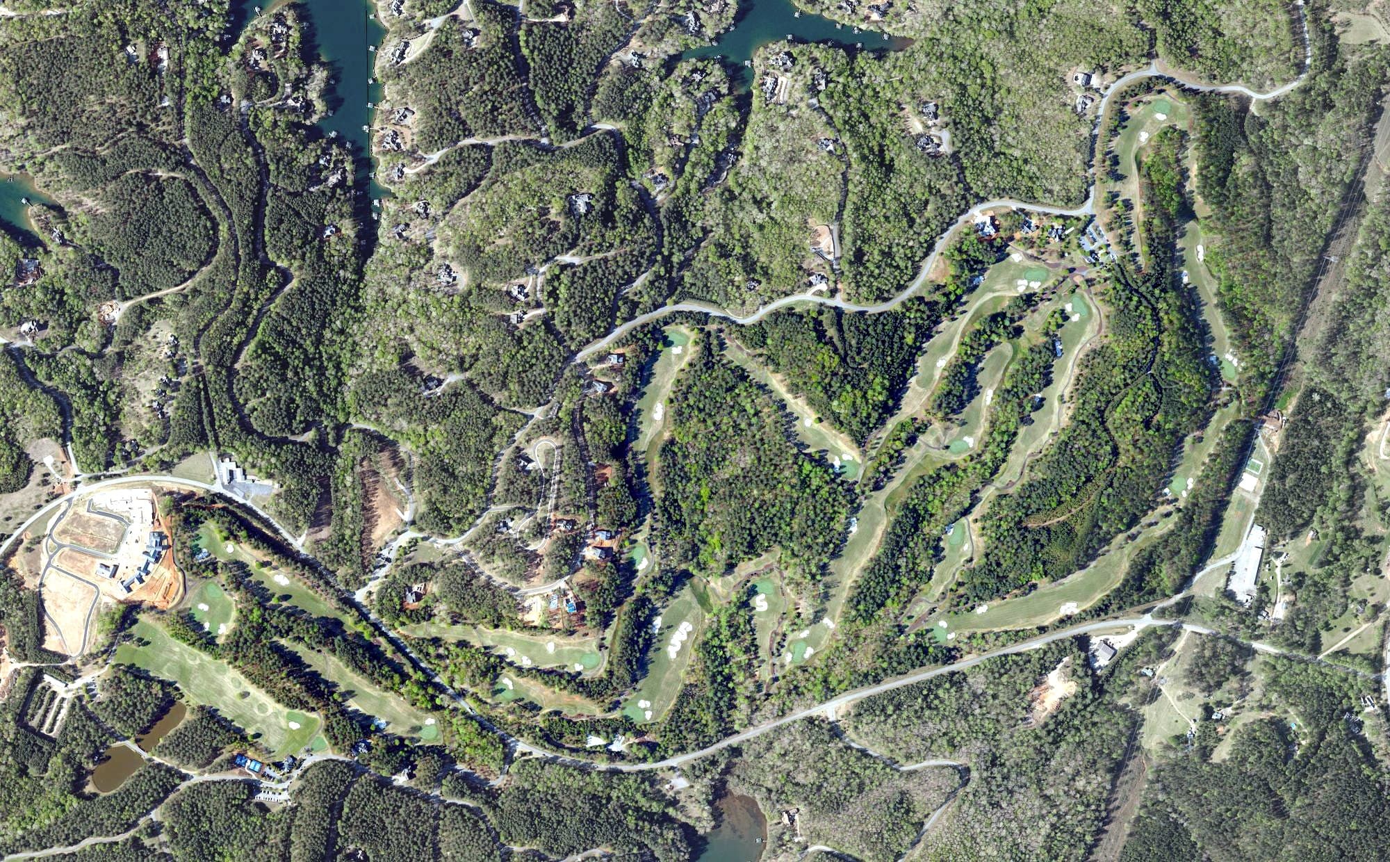 Aerial view of Keowee Springs Golf Course, SC, with its hole routing marked