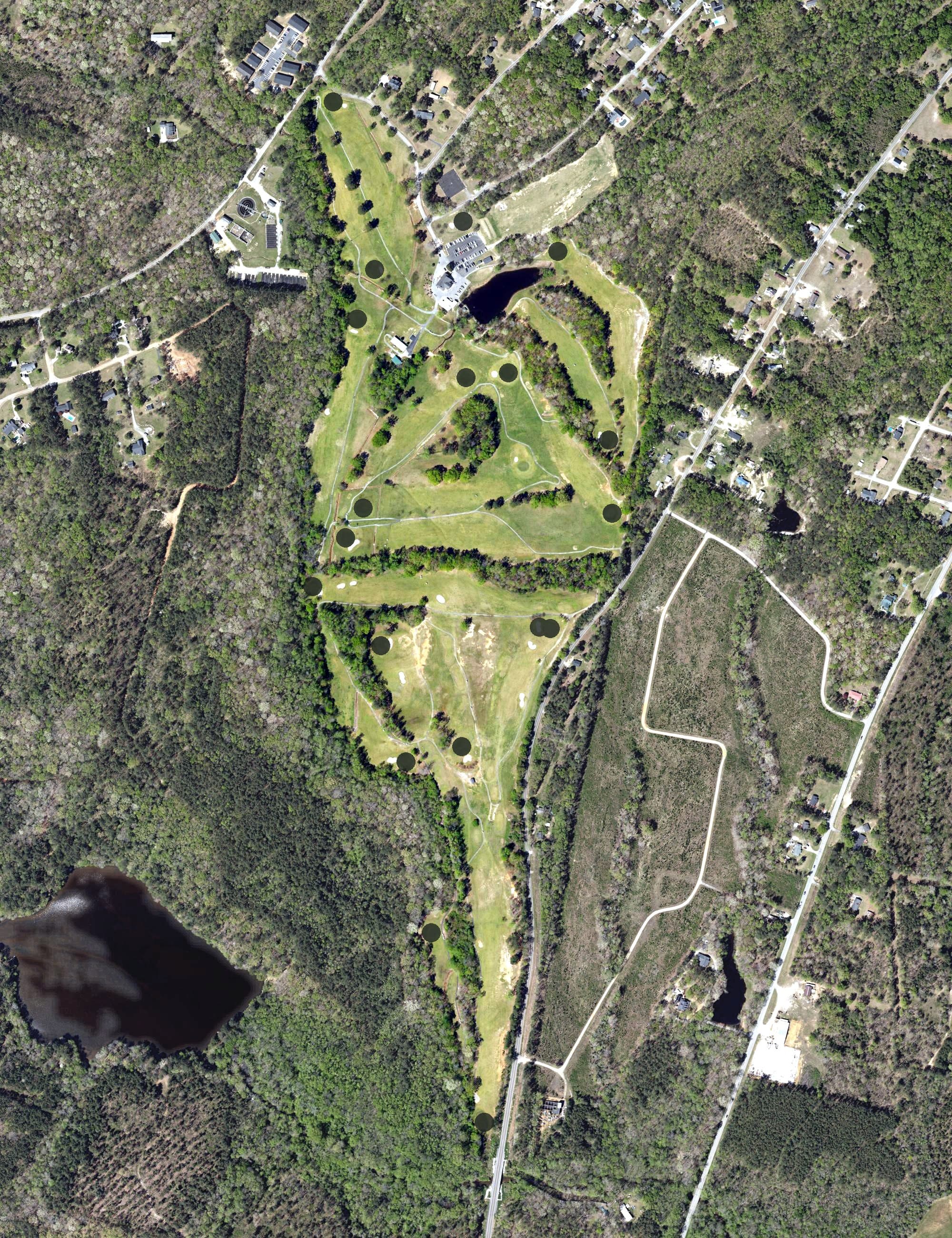 Aerial view of Kershaw Golf Course, SC, with its hole routing marked