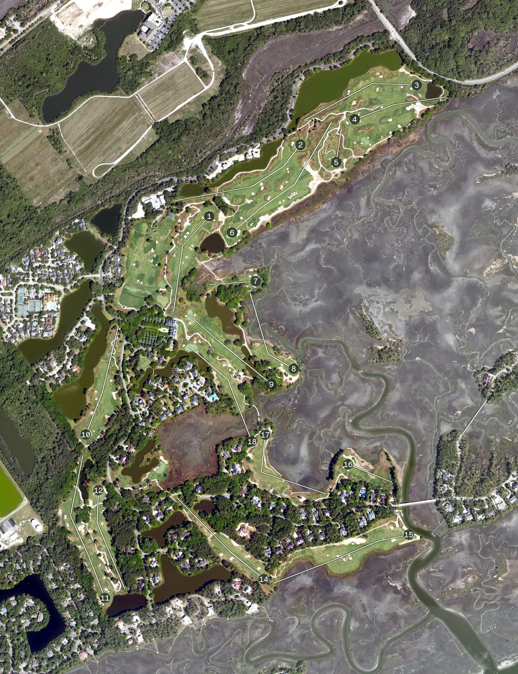 Aerial view of Kiawah Island Club - Cassique, SC, with its hole routing marked