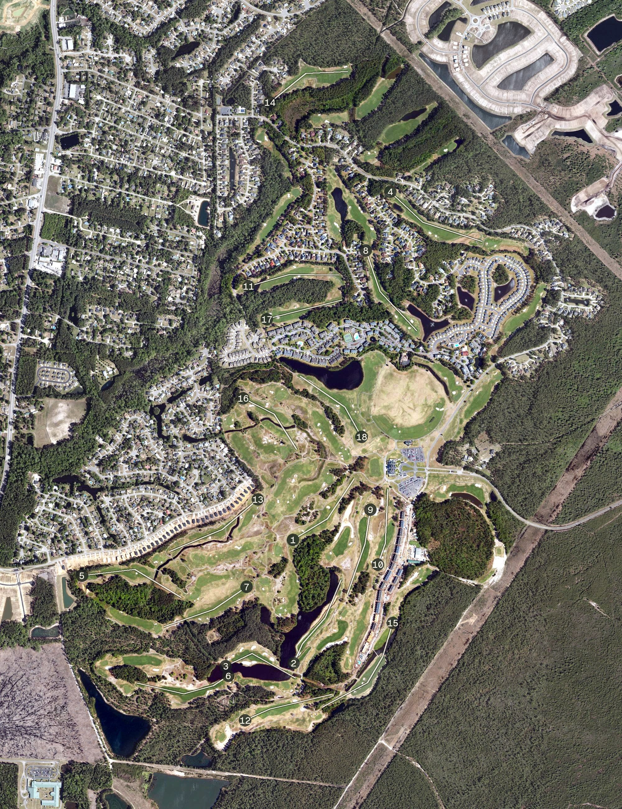 Aerial view of Legends Golf and Resort, SC, with its hole routing marked