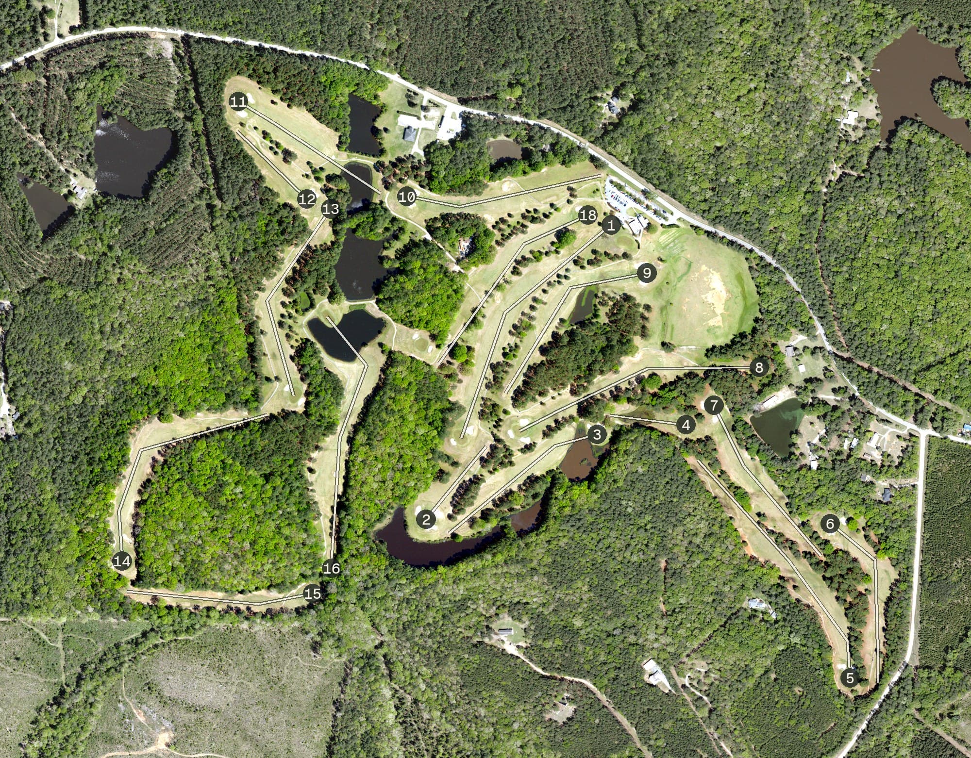 Aerial view of Linrick Golf Course, SC, with its hole routing marked