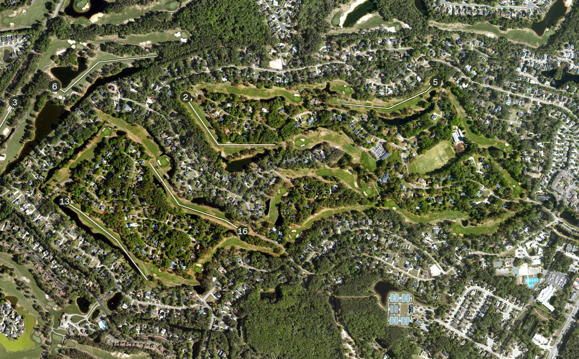 Aerial view of Litchfield Country Club, SC, with its hole routing marked