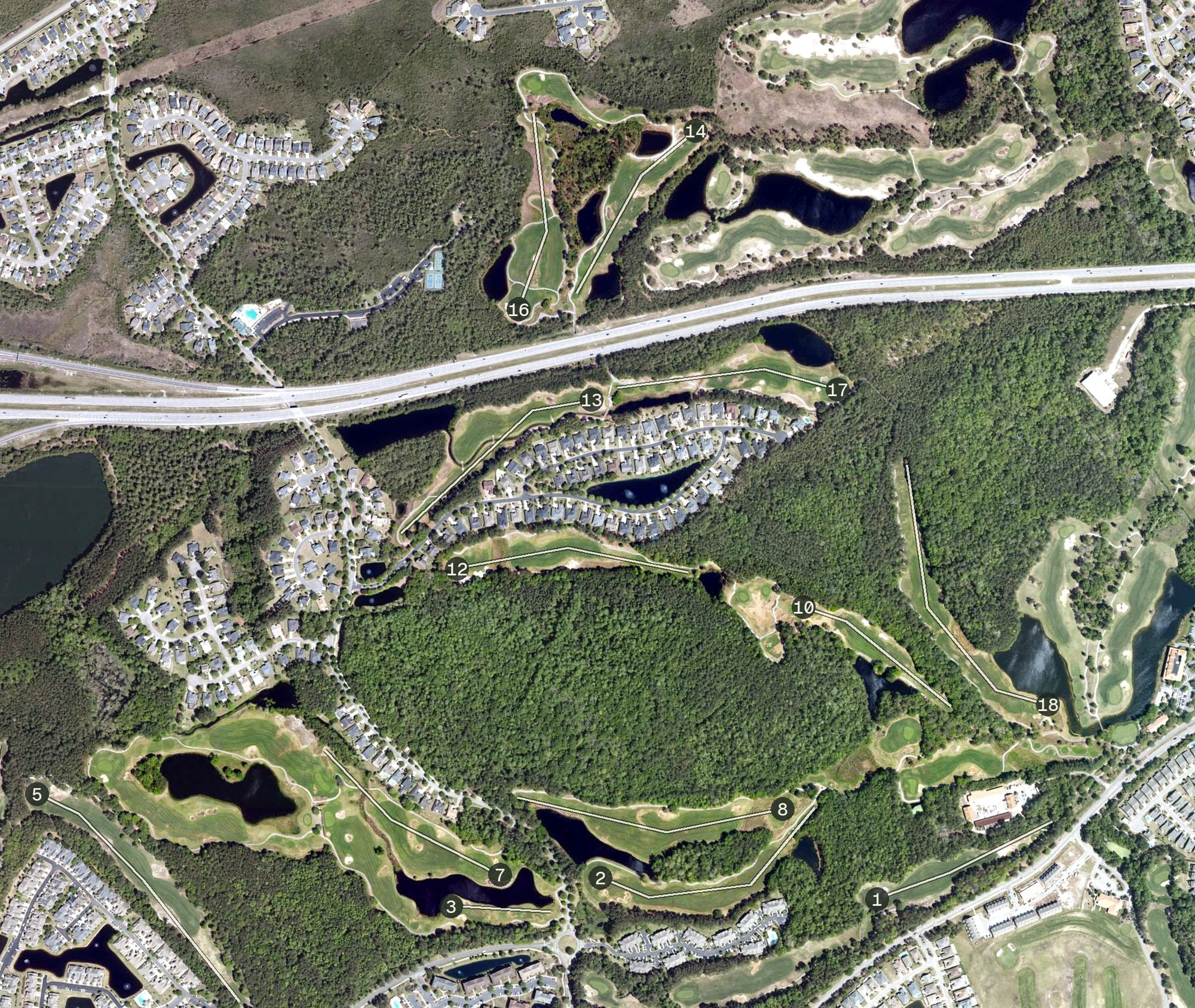 Aerial view of Love Course, SC, with its hole routing marked
