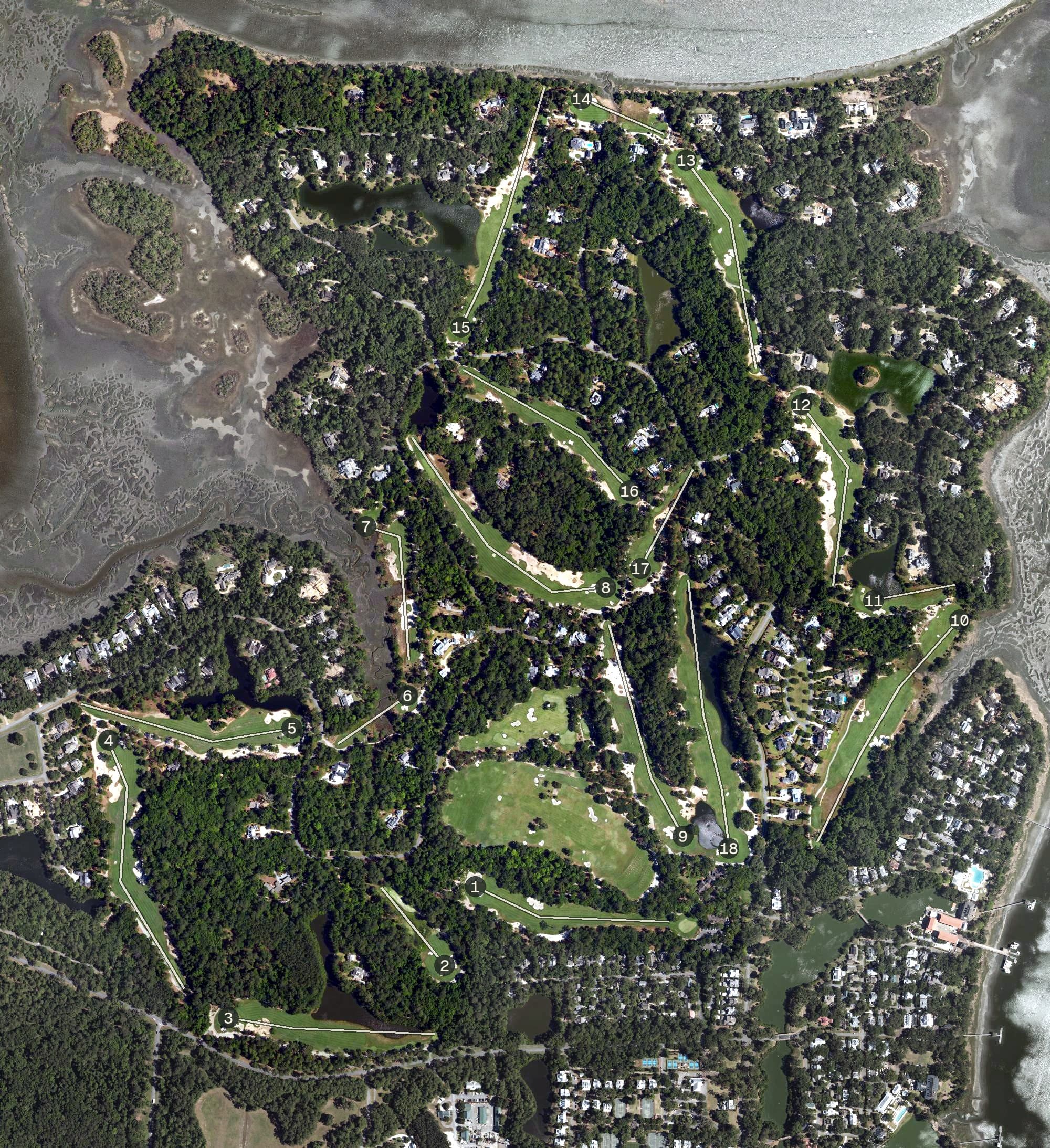 Aerial view of May River Golf Course, SC, with its hole routing marked