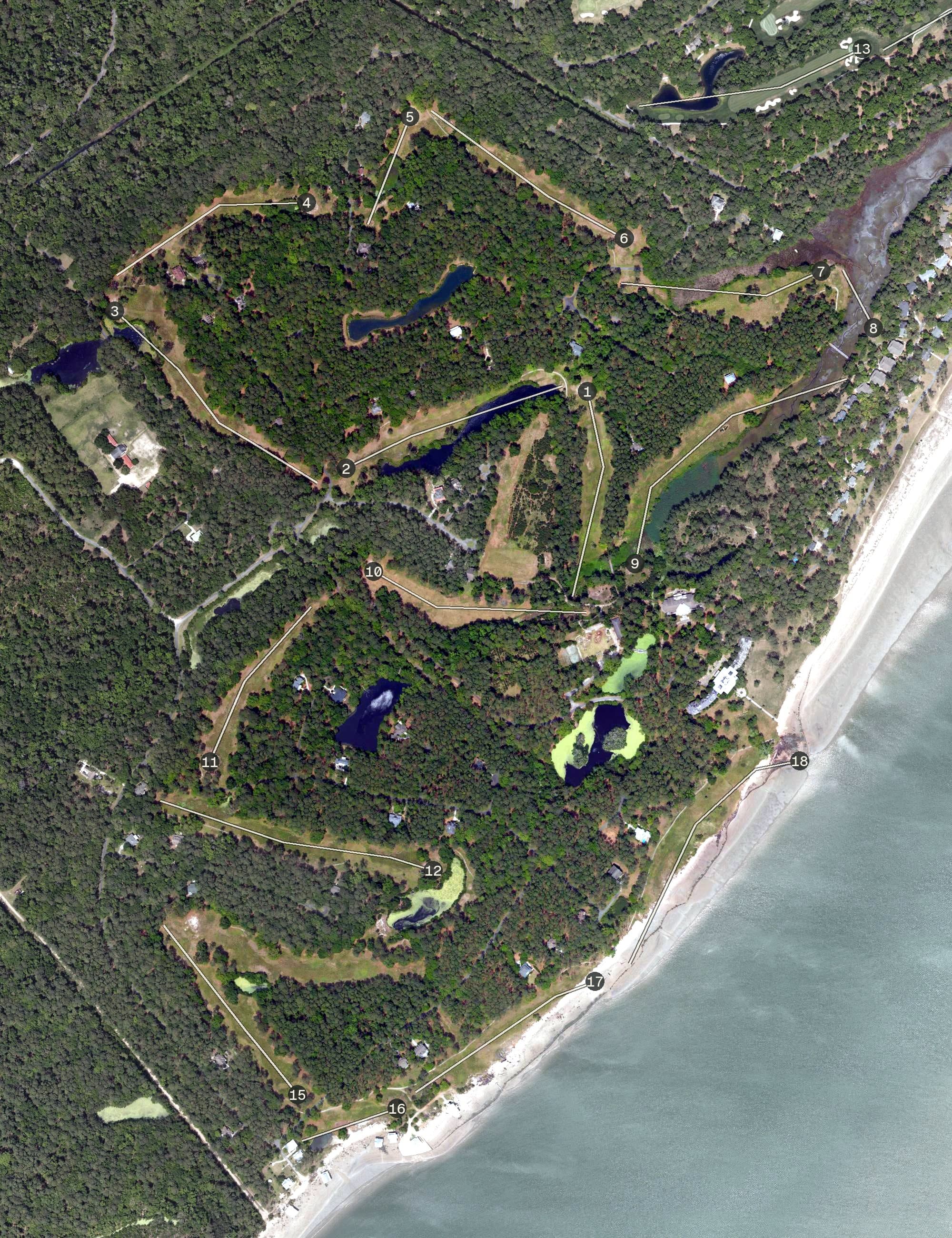 Aerial view of Melrose, SC, with its hole routing marked