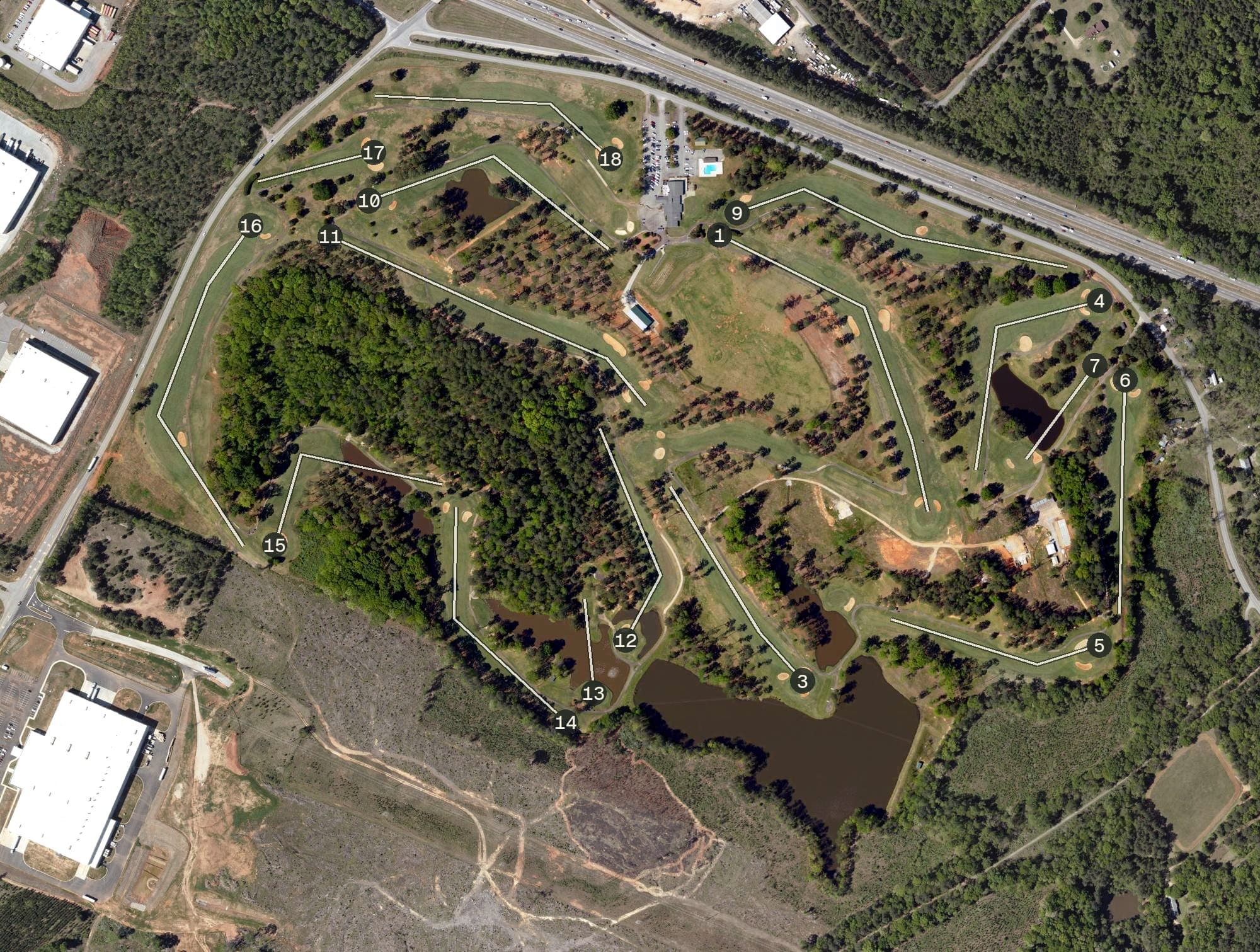 Aerial view of Mid Carolina Club, SC, with its hole routing marked