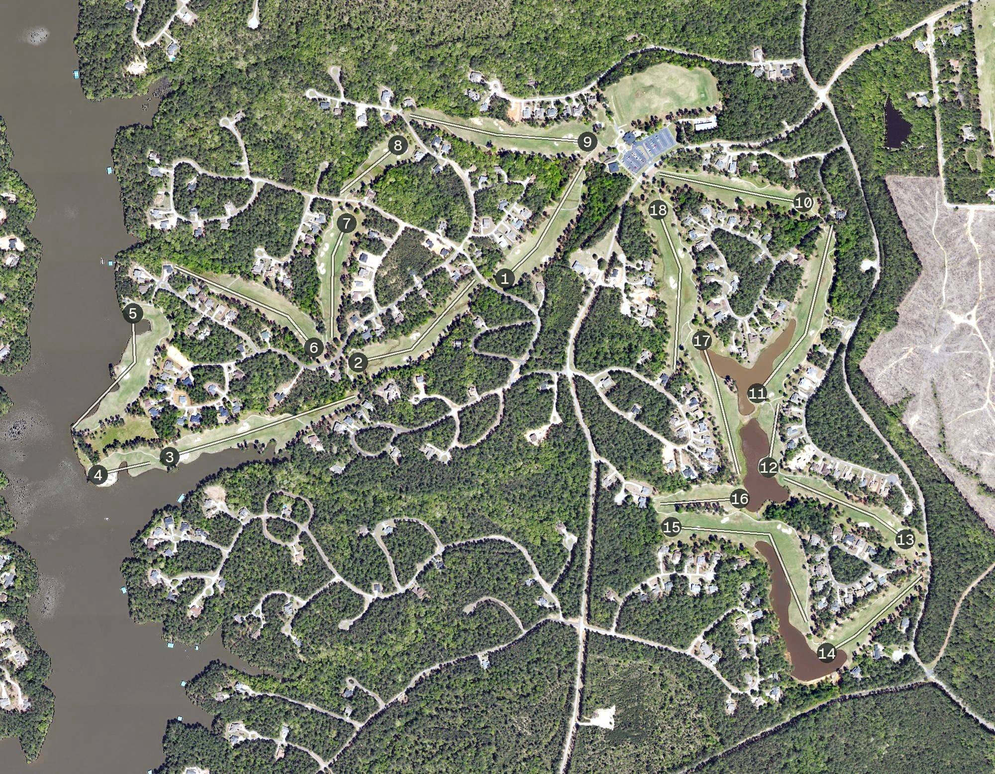 Aerial view of Monticello Golf Club, SC, with its hole routing marked