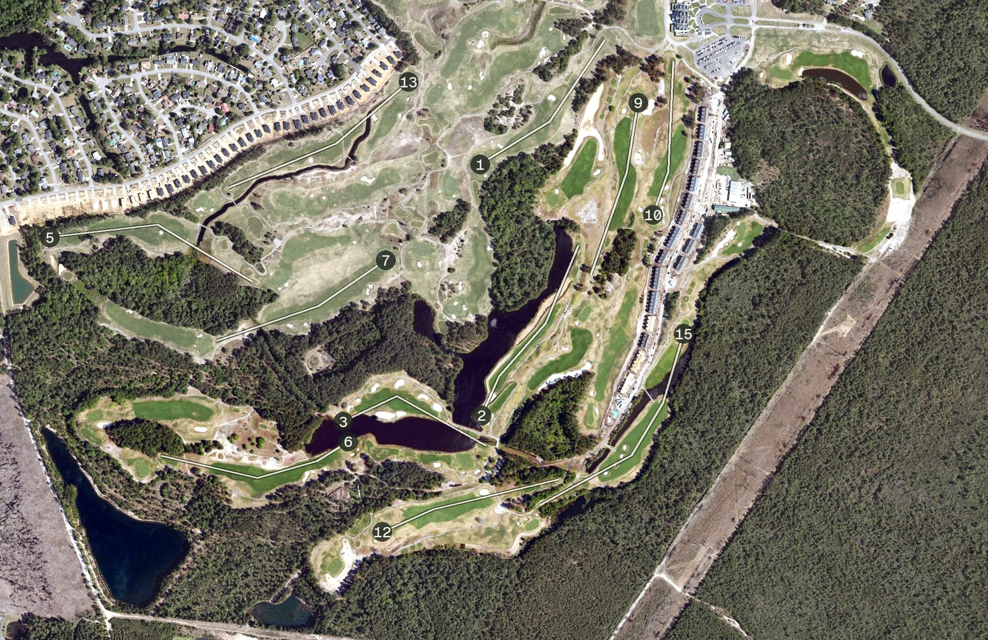 Aerial view of Moorland Golf Course, SC, with its hole routing marked