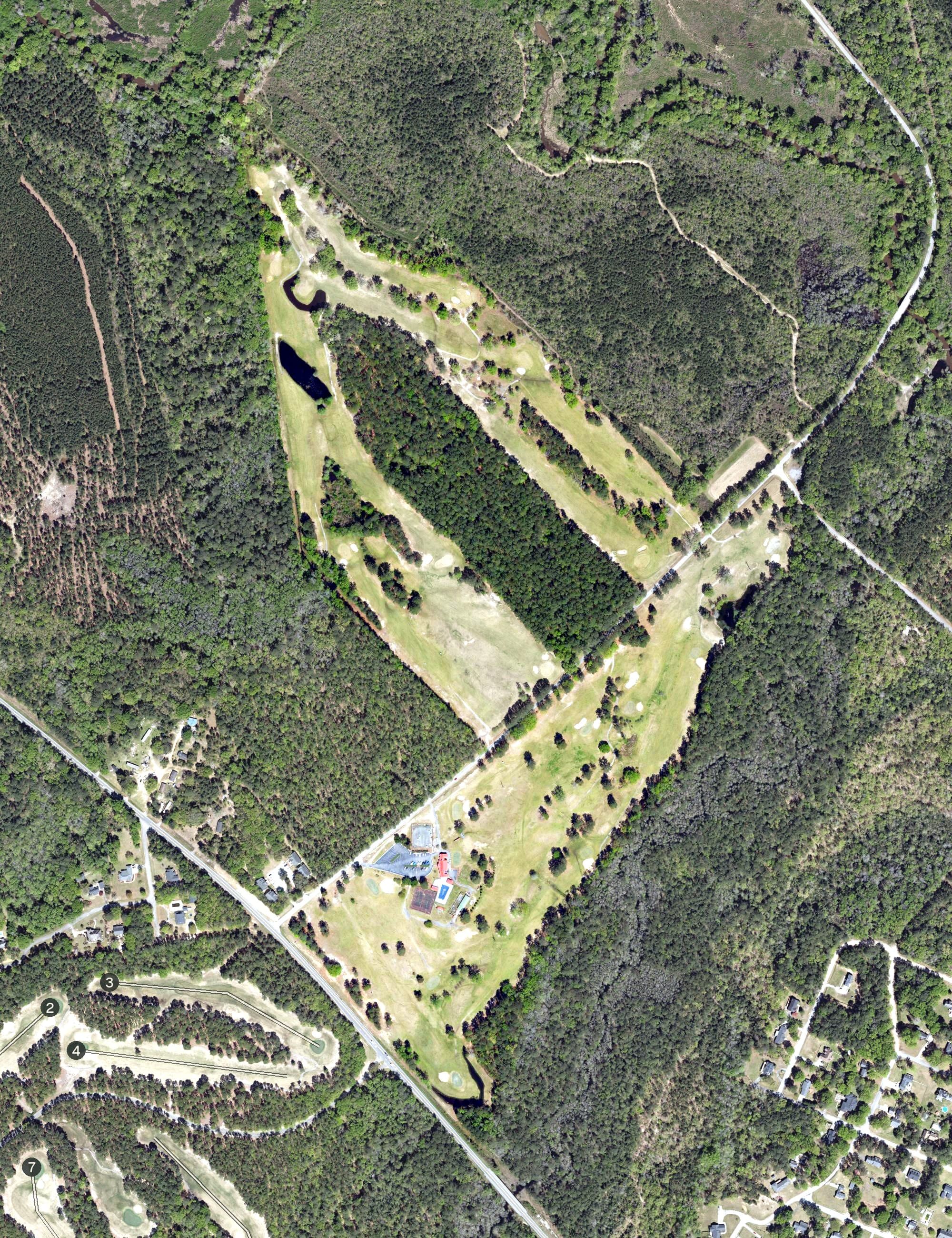 Aerial view of Moree's Cheraw Country Club, SC, with its hole routing marked