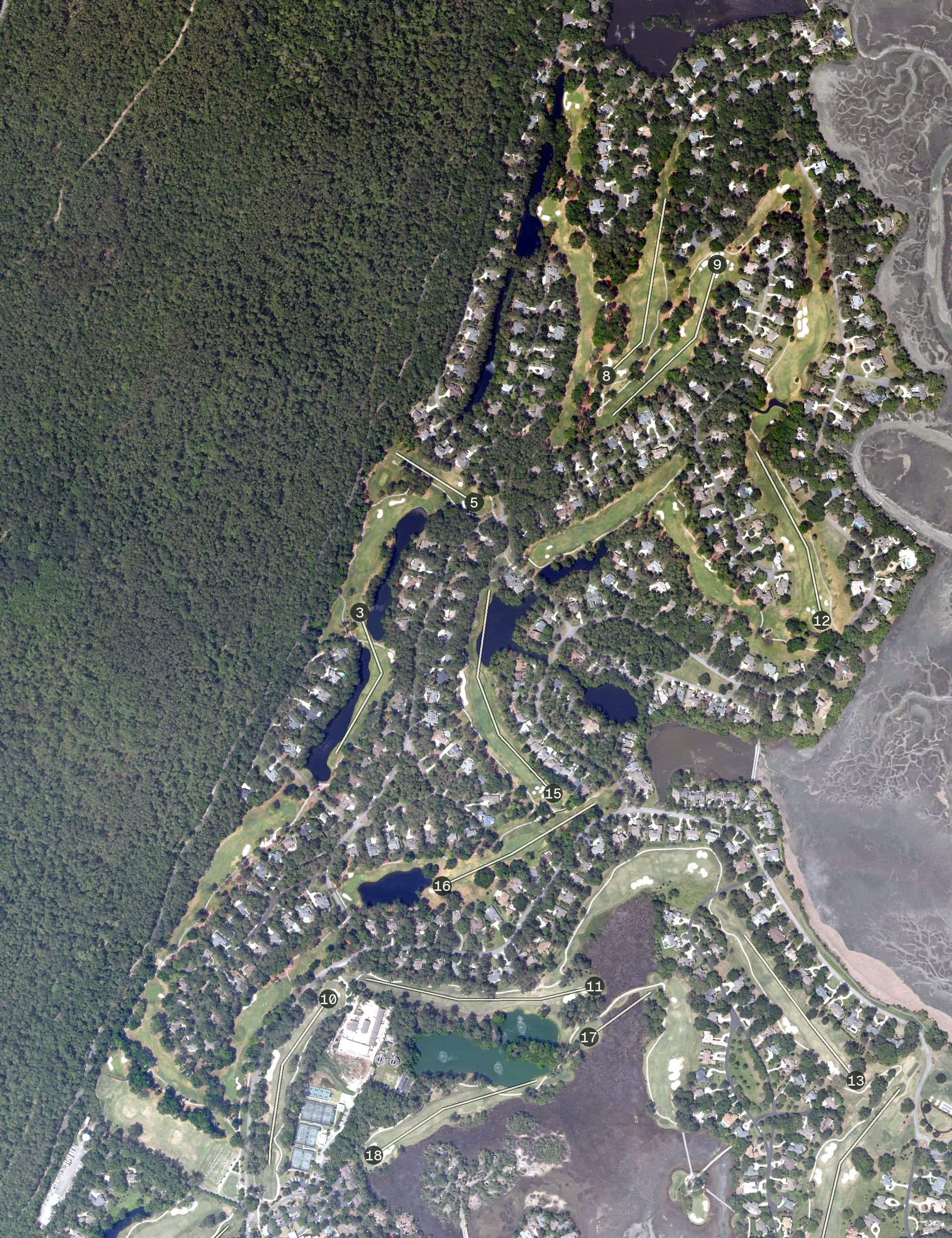Aerial view of Moss Creek North Course, SC, with its hole routing marked