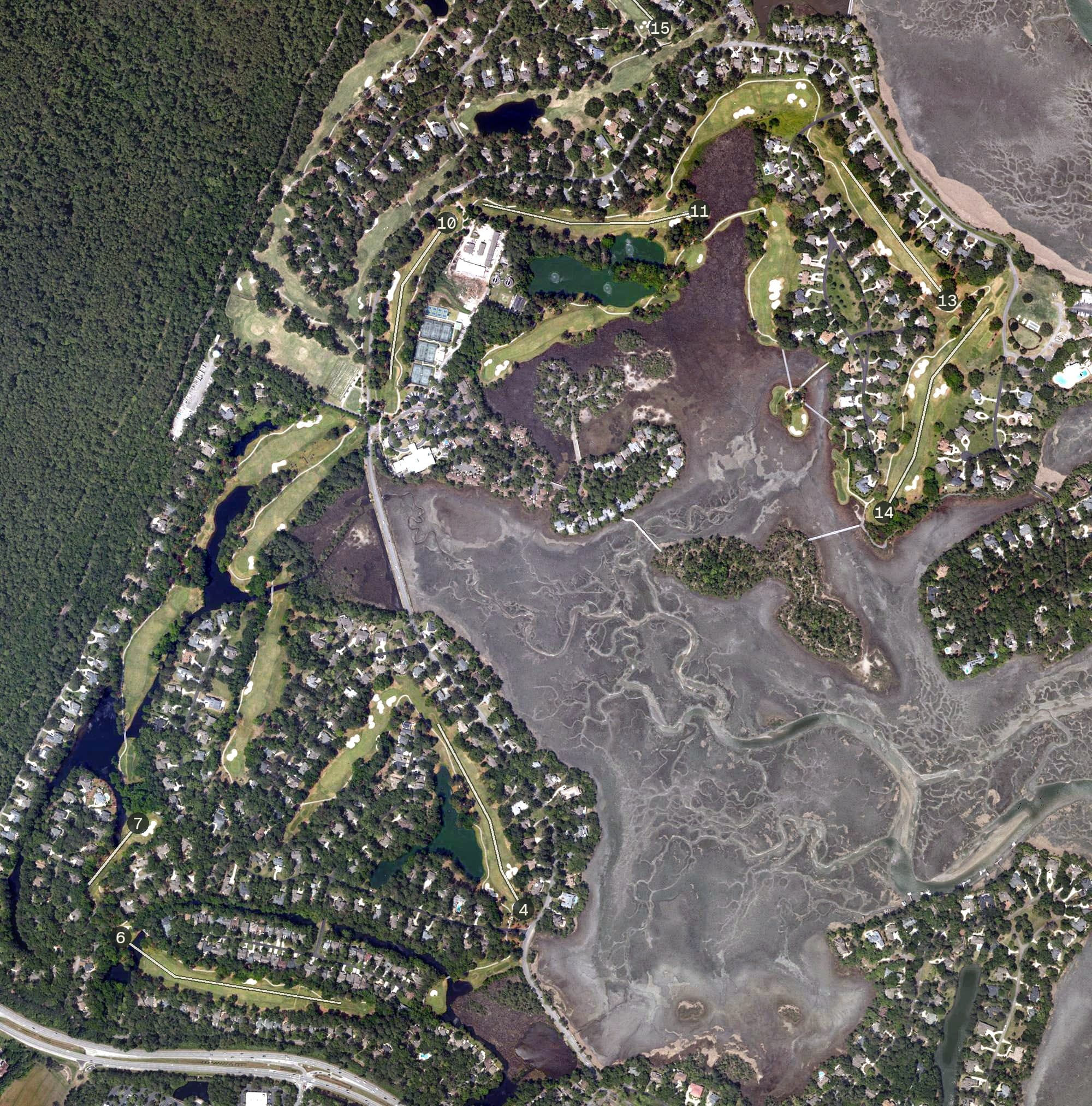 Aerial view of Moss Creek South Course, SC, with its hole routing marked