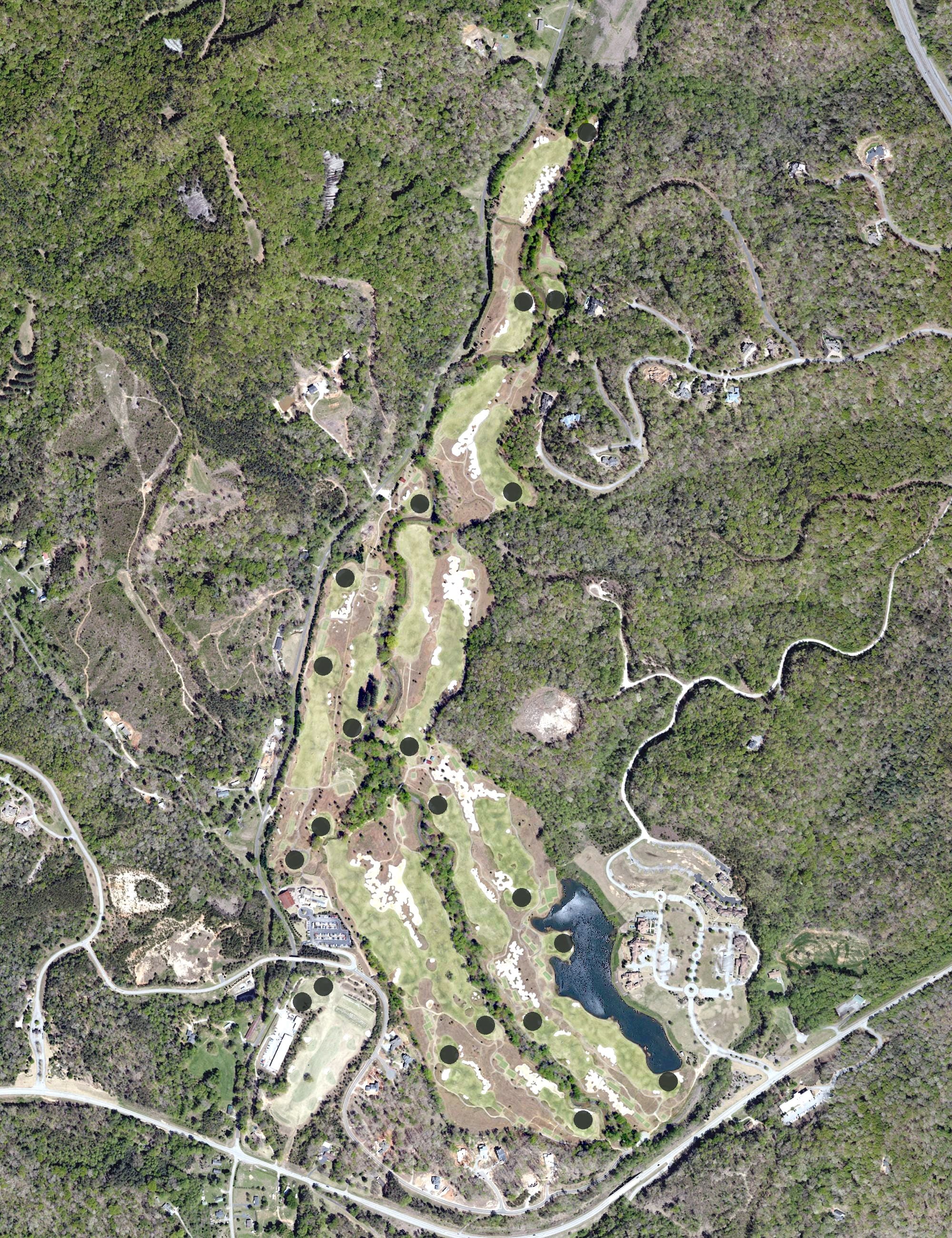 Aerial view of Mountain Park Golf, SC, with its hole routing marked