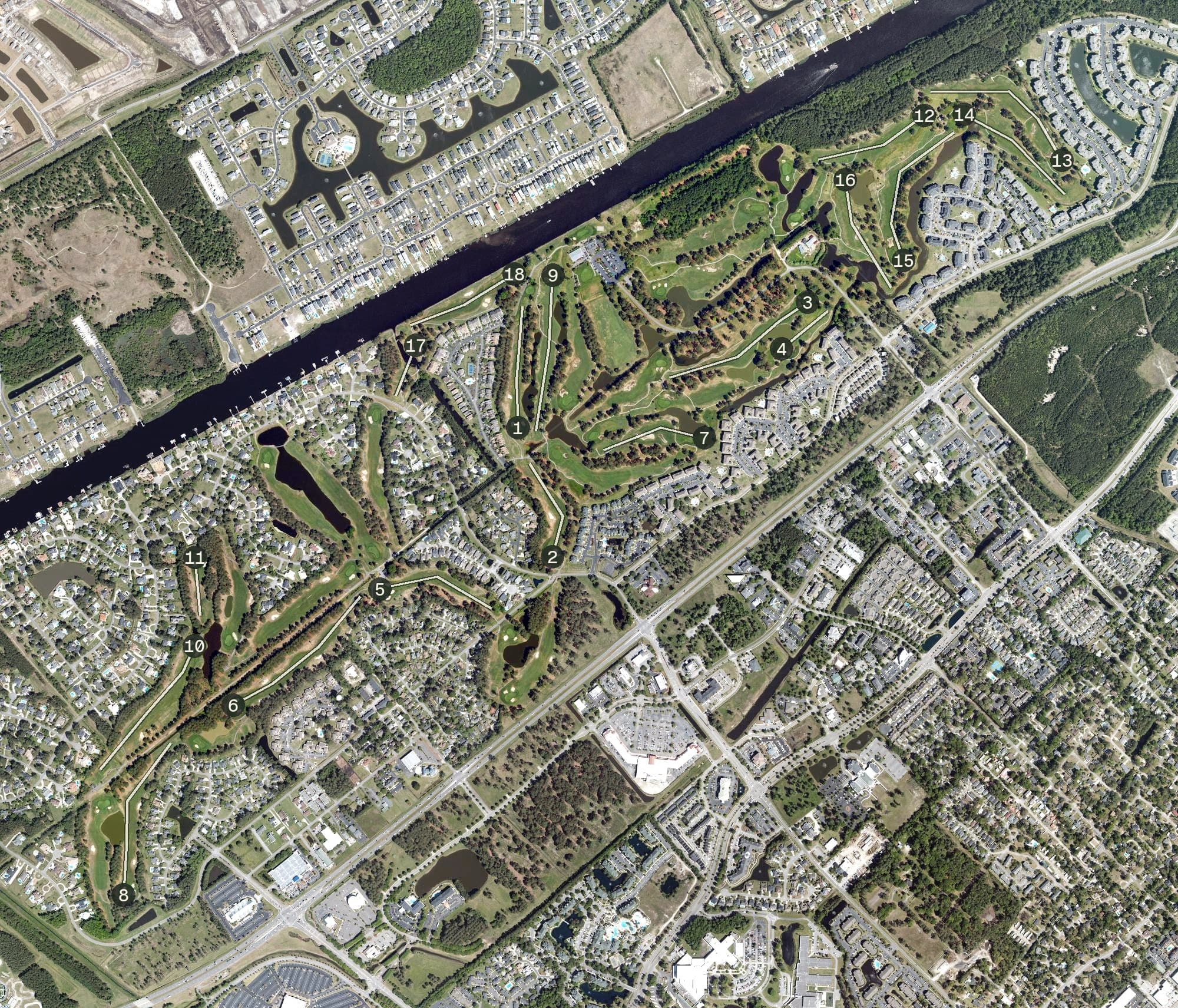 Aerial view of Myrtlewood Golf Club, SC, with its hole routing marked