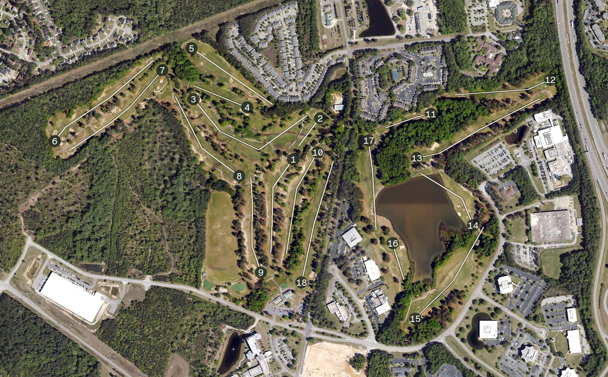 Aerial view of Northwoods Golf Club, SC, with its hole routing marked