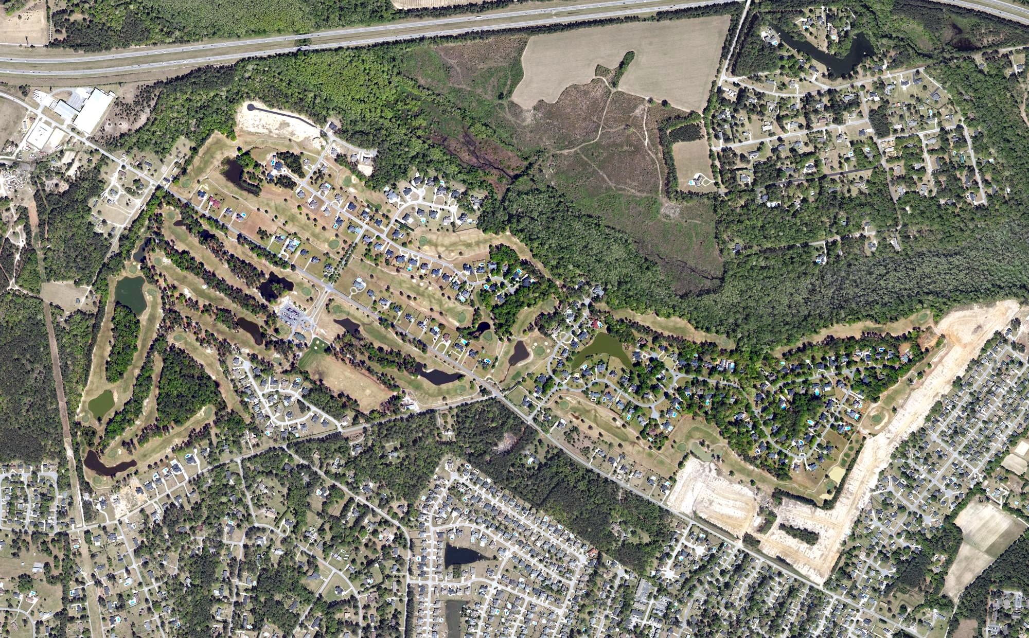 Aerial view of Oakdale Golf Course, SC, with its hole routing marked