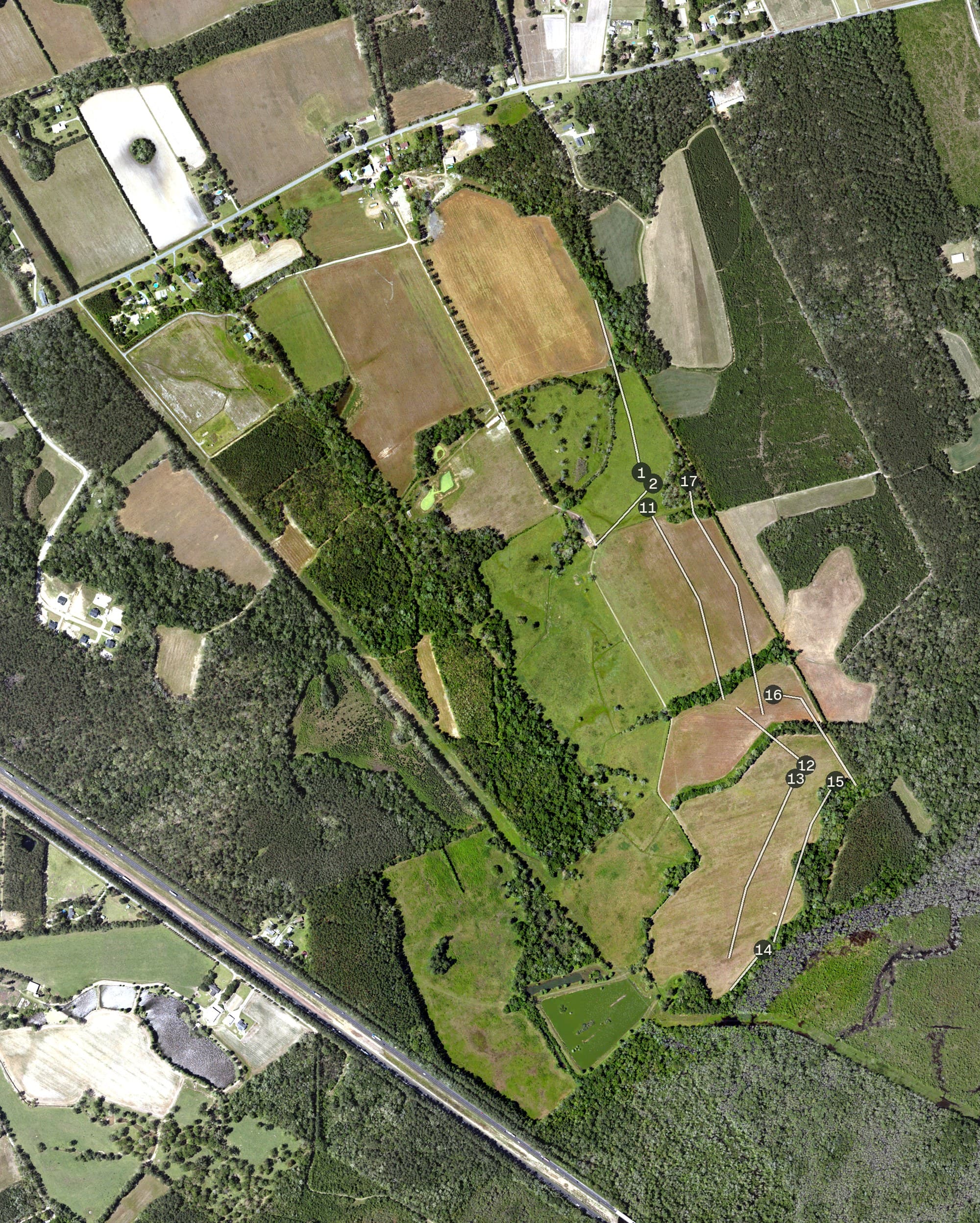Aerial view of Old Sawmill Golf Club, SC, with its hole routing marked