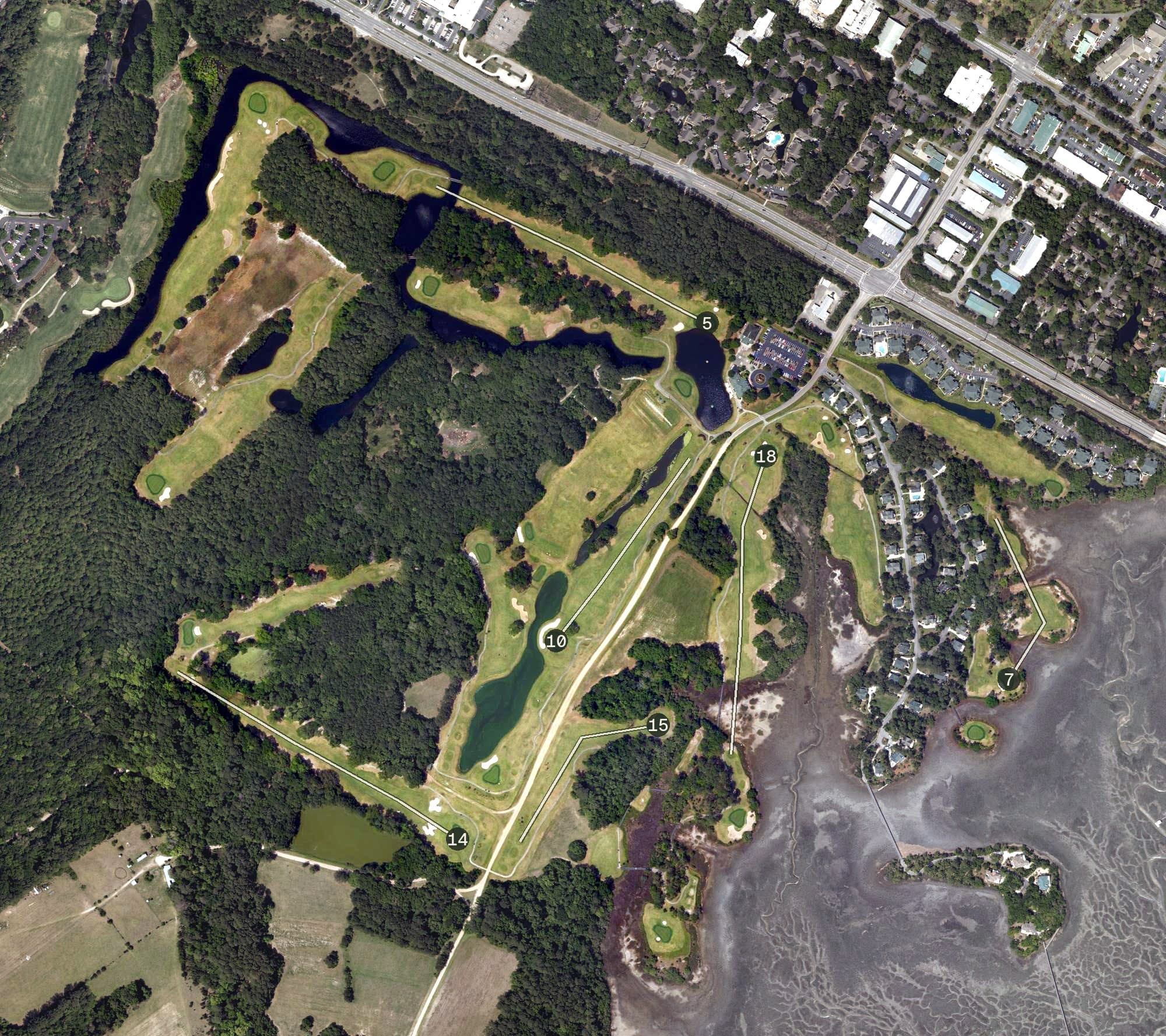 Aerial view of Old South Golf Links, SC, with its hole routing marked