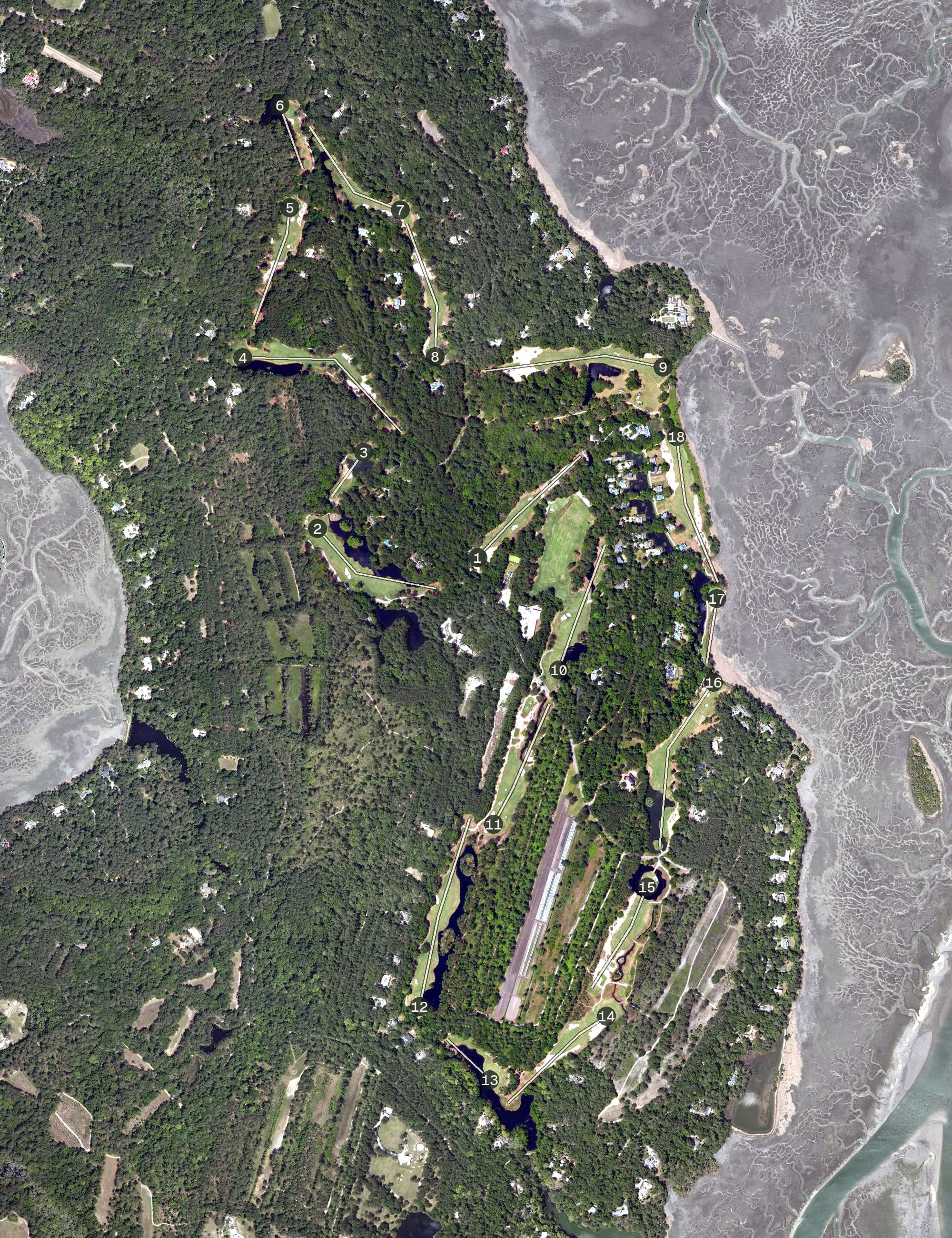 Aerial view of Old Tabby Golf Links, SC, with its hole routing marked