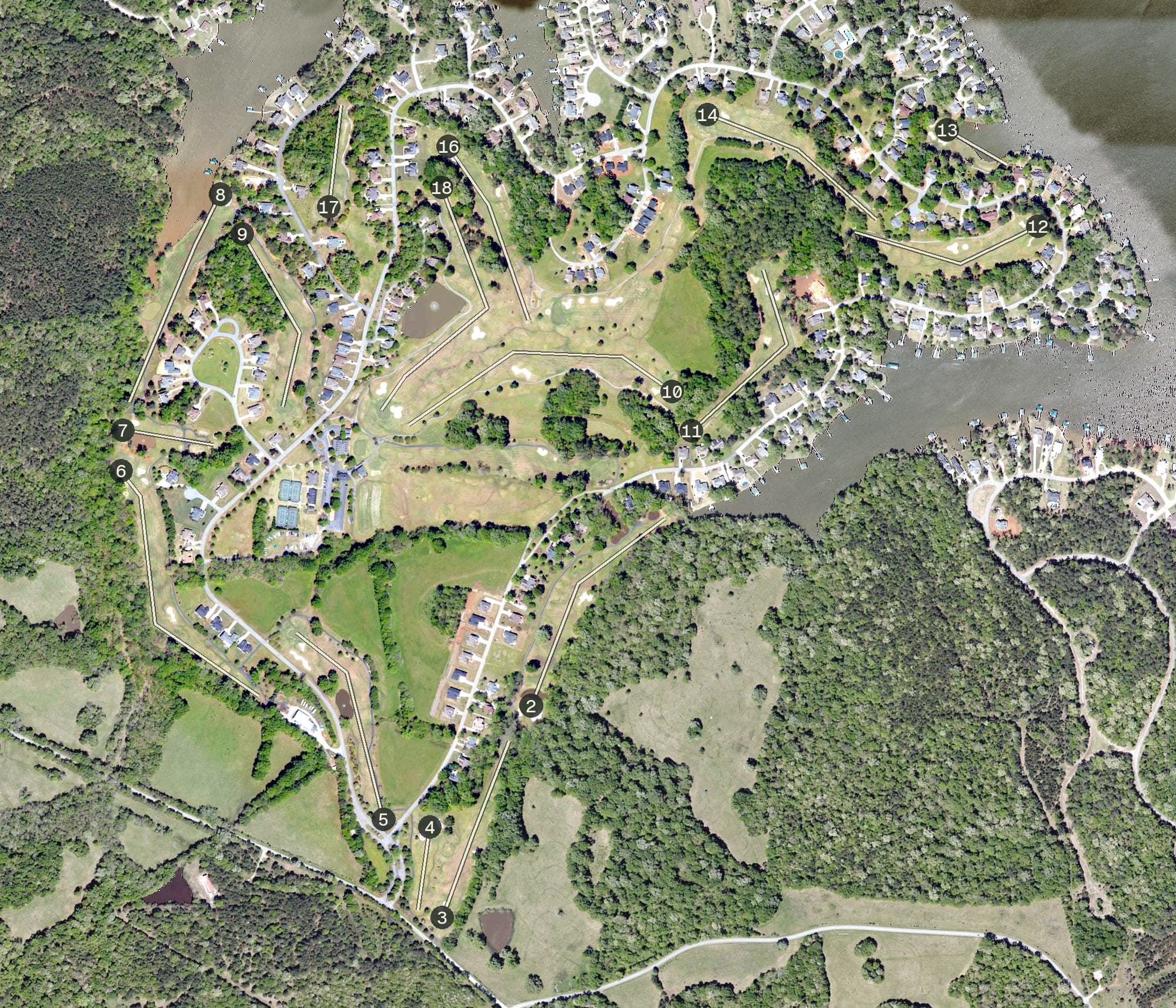 Aerial view of Olde Eight Golf Club, SC, with its hole routing marked
