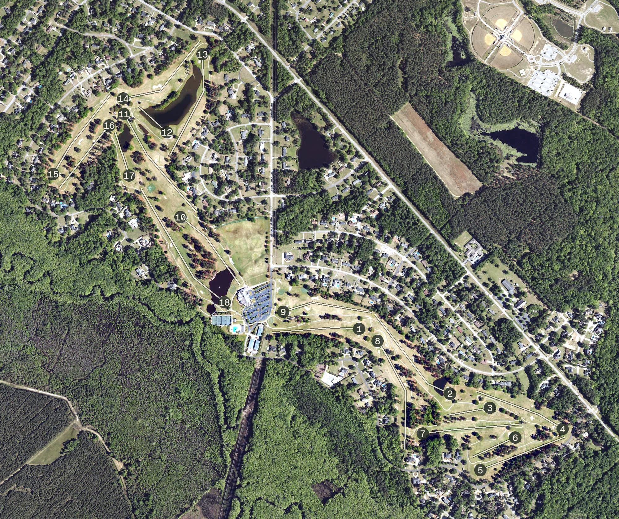 Aerial view of Orangeburg Country Club, SC, with its hole routing marked
