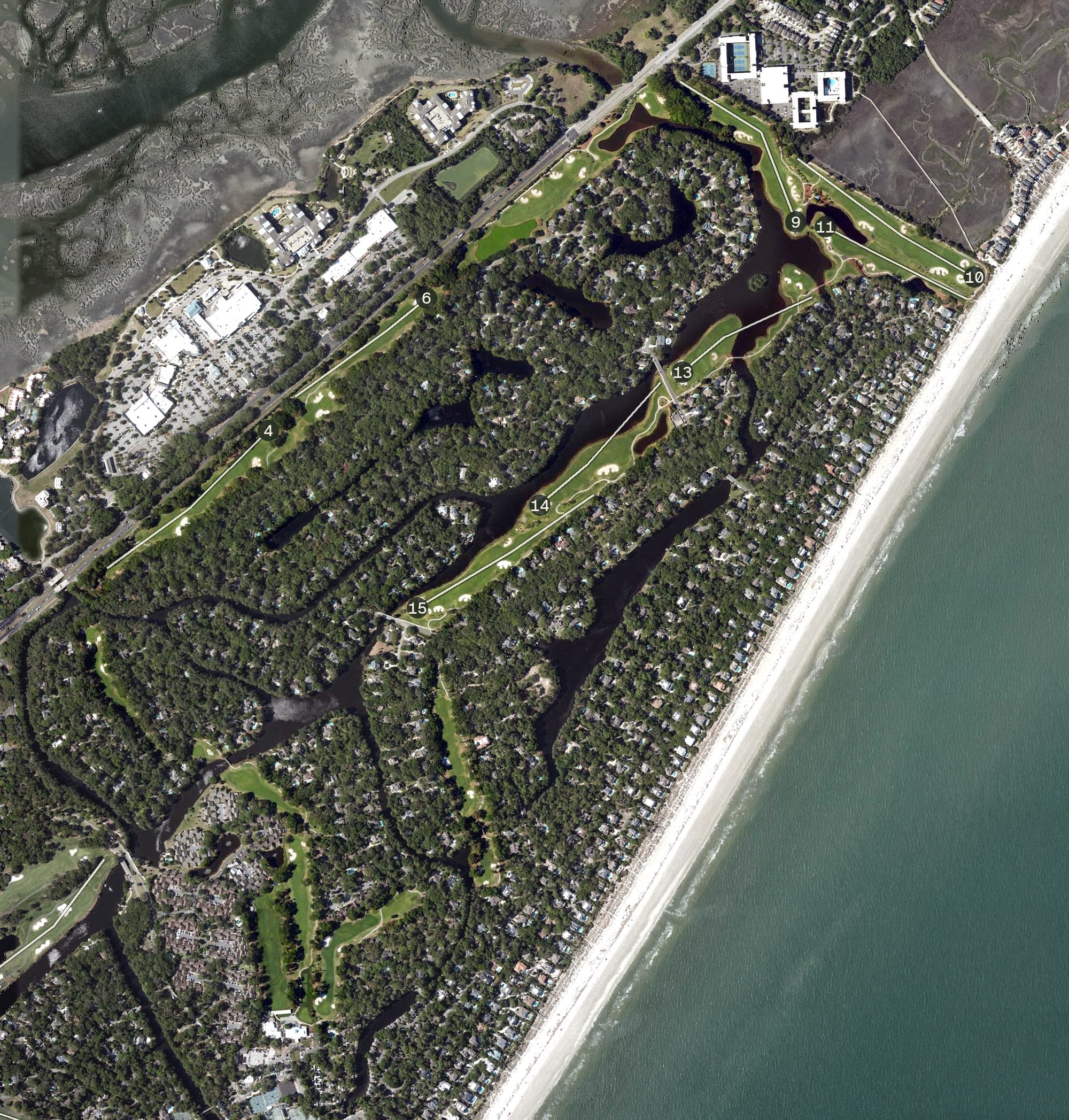 Aerial view of Palmetto Dunes - Robert Trent Jones Golf Course, SC, with its hole routing marked