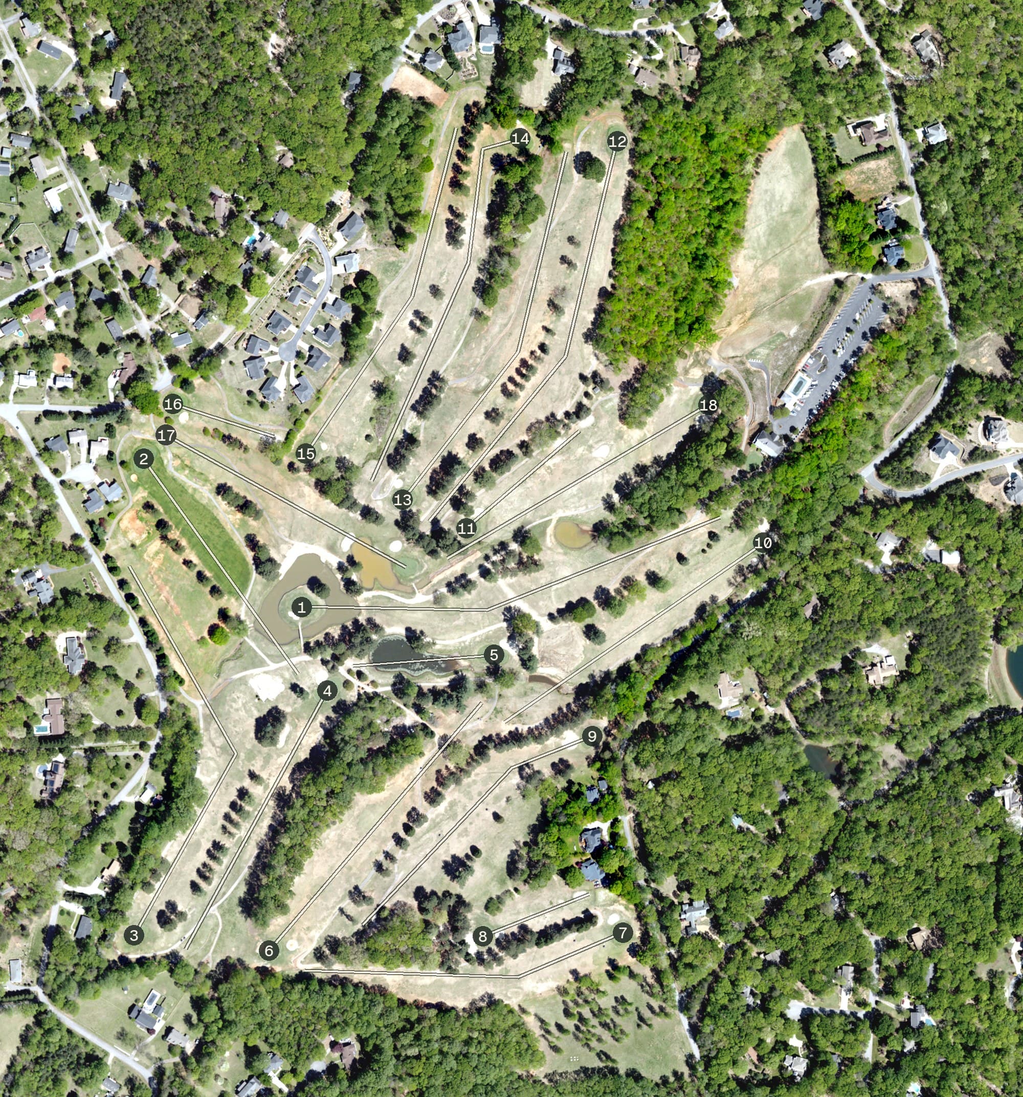Aerial view of Paris Mountain Country Club, SC, with its hole routing marked