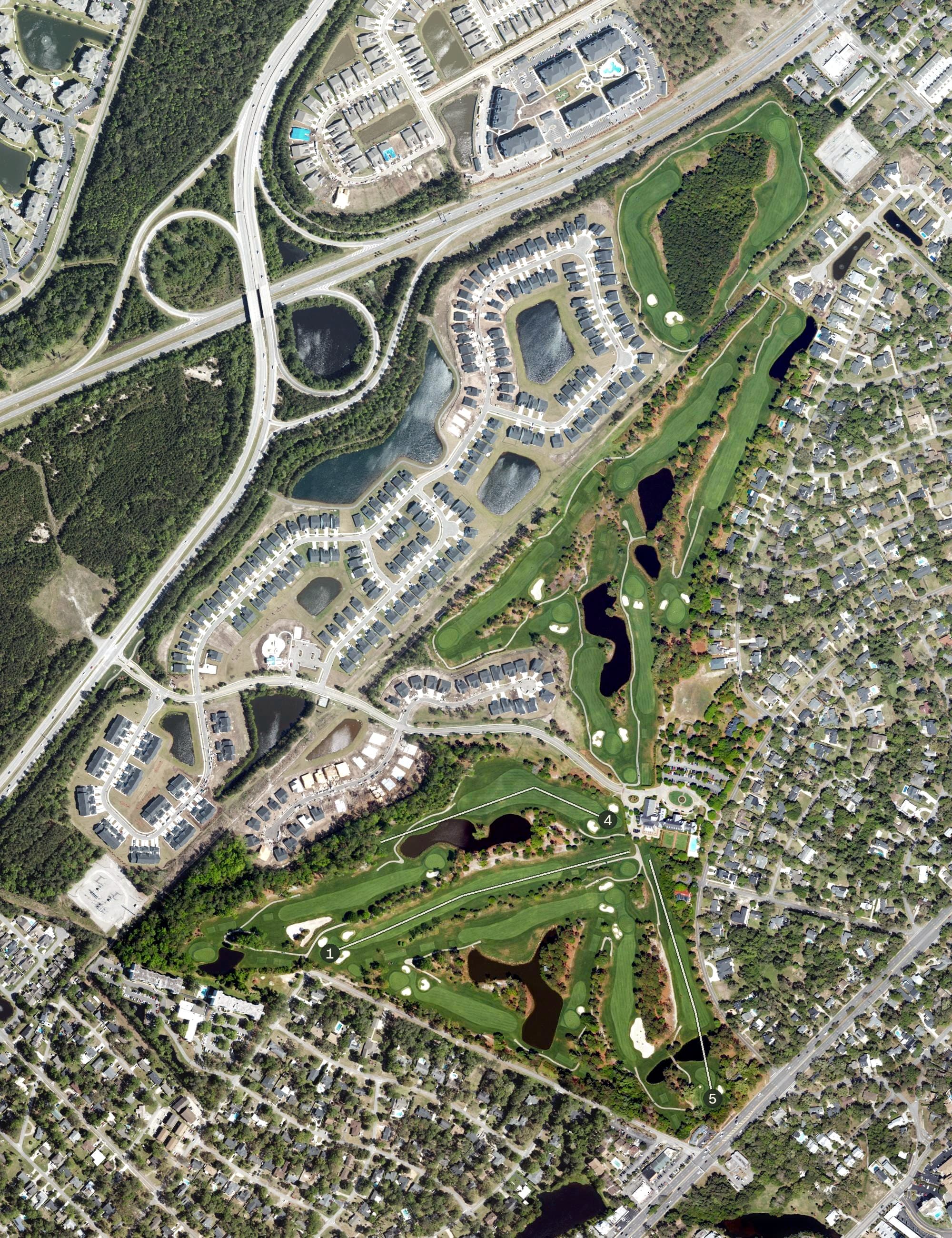 Aerial view of Pine Lakes Golf Club, SC, with its hole routing marked