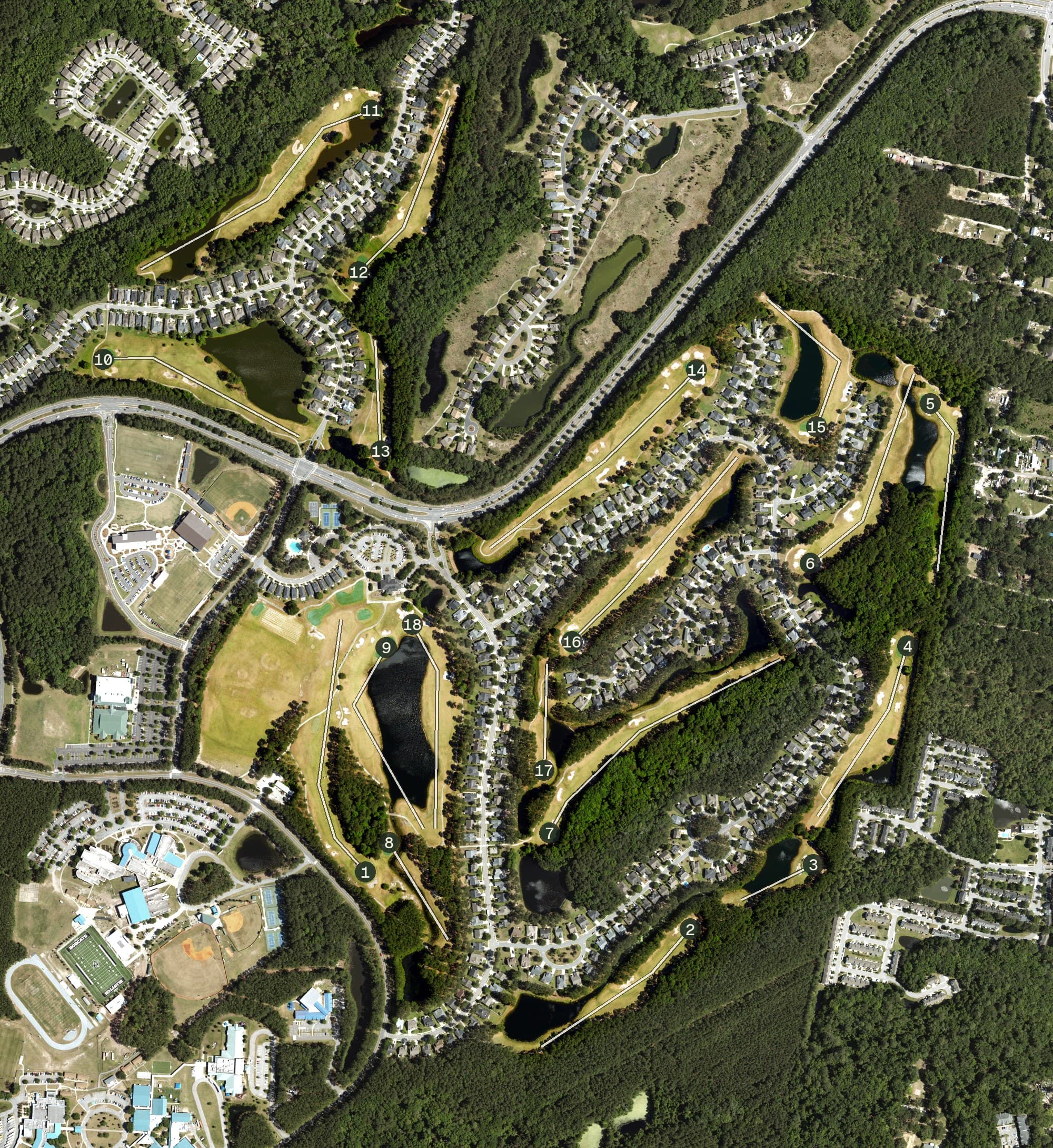 Aerial view of Pinecrest Golf Club, SC, with its hole routing marked