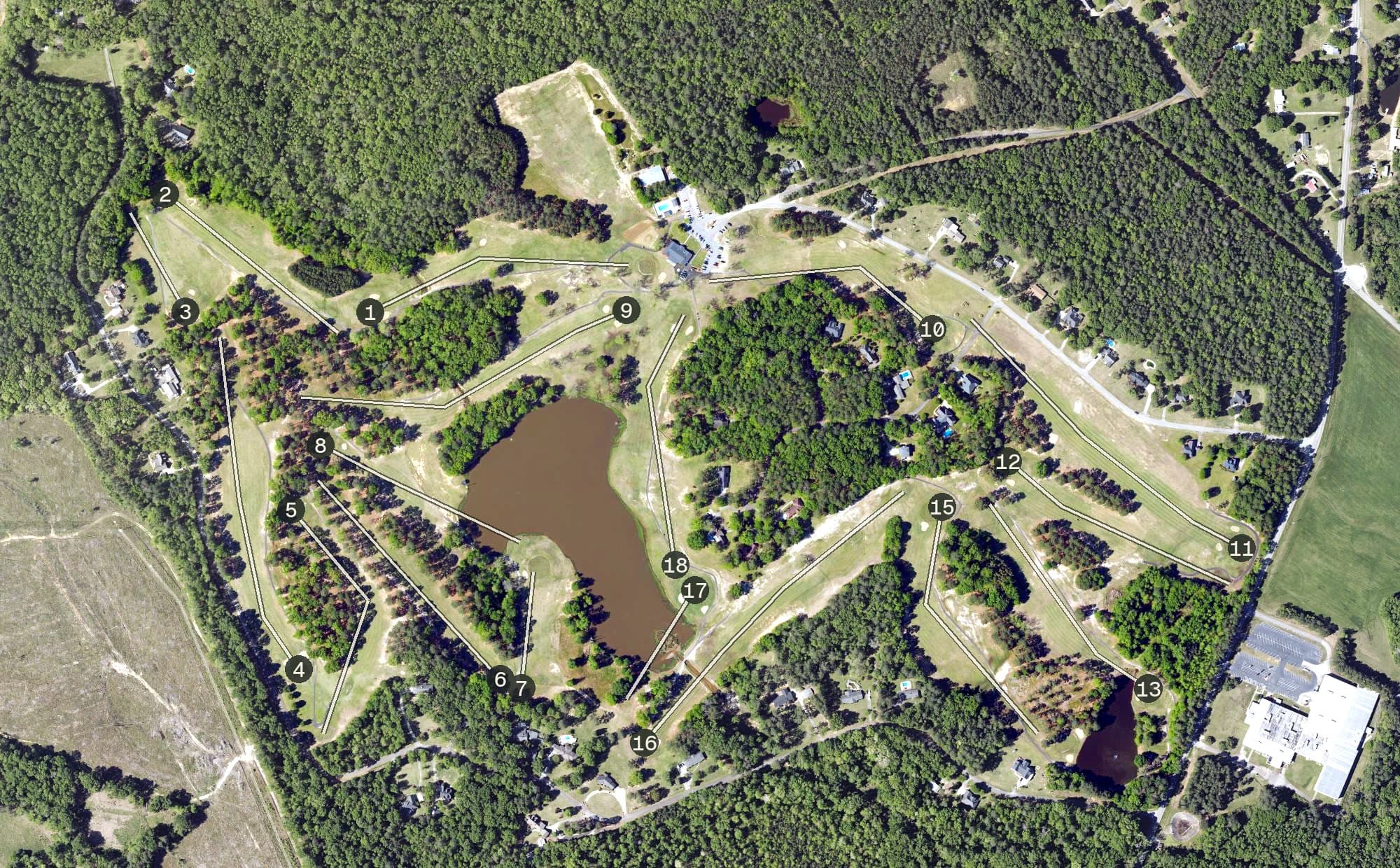 Aerial view of Ponderosa Country Club, SC, with its hole routing marked