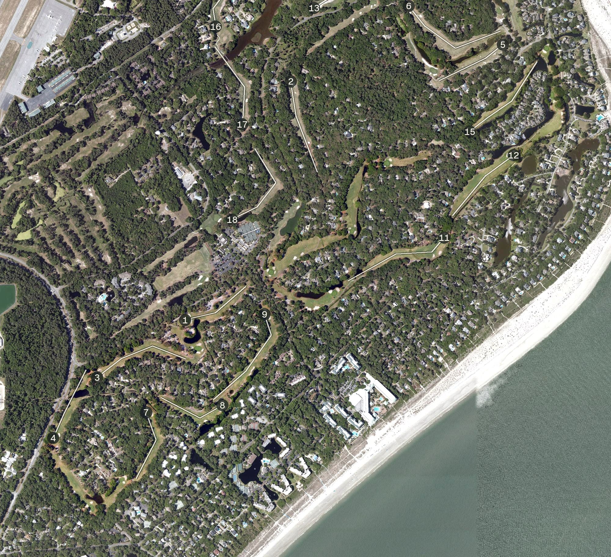 Aerial view of Port Royal Barony Golf Course, SC, with its hole routing marked