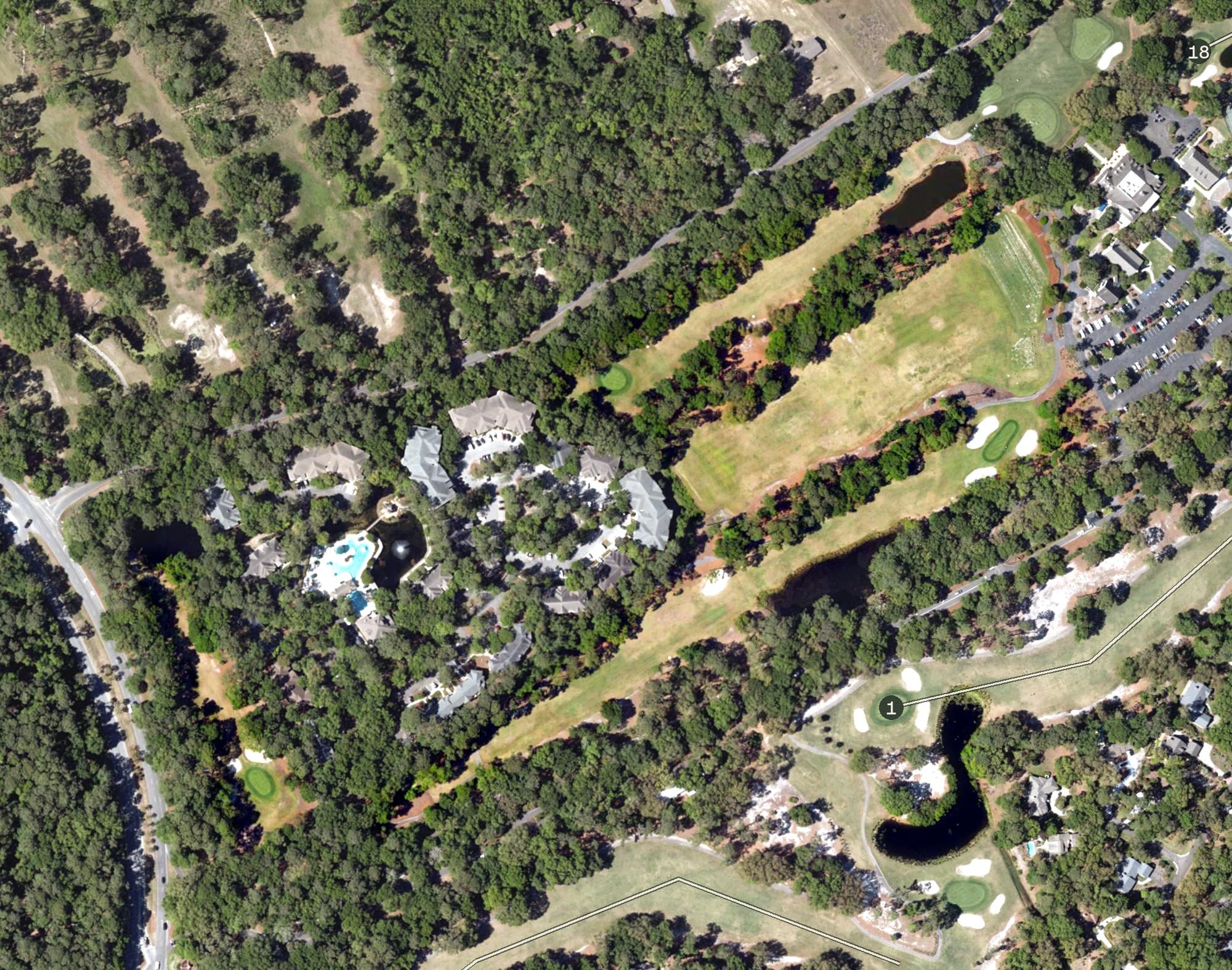 Aerial view of Port Royal Planter's Row Golf Course, SC, with its hole routing marked