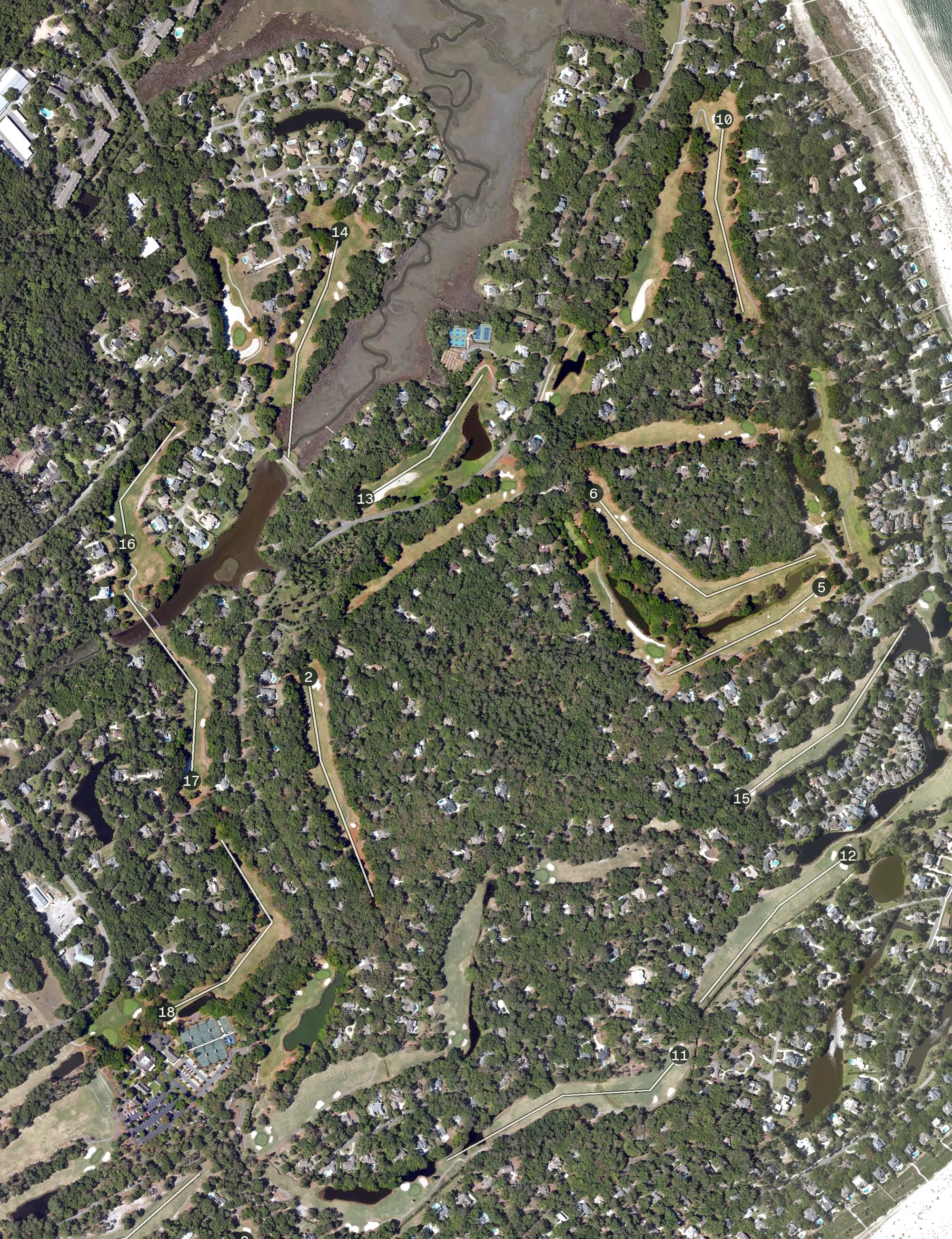 Aerial view of Port Royal Robber's Row Golf Course, SC, with its hole routing marked