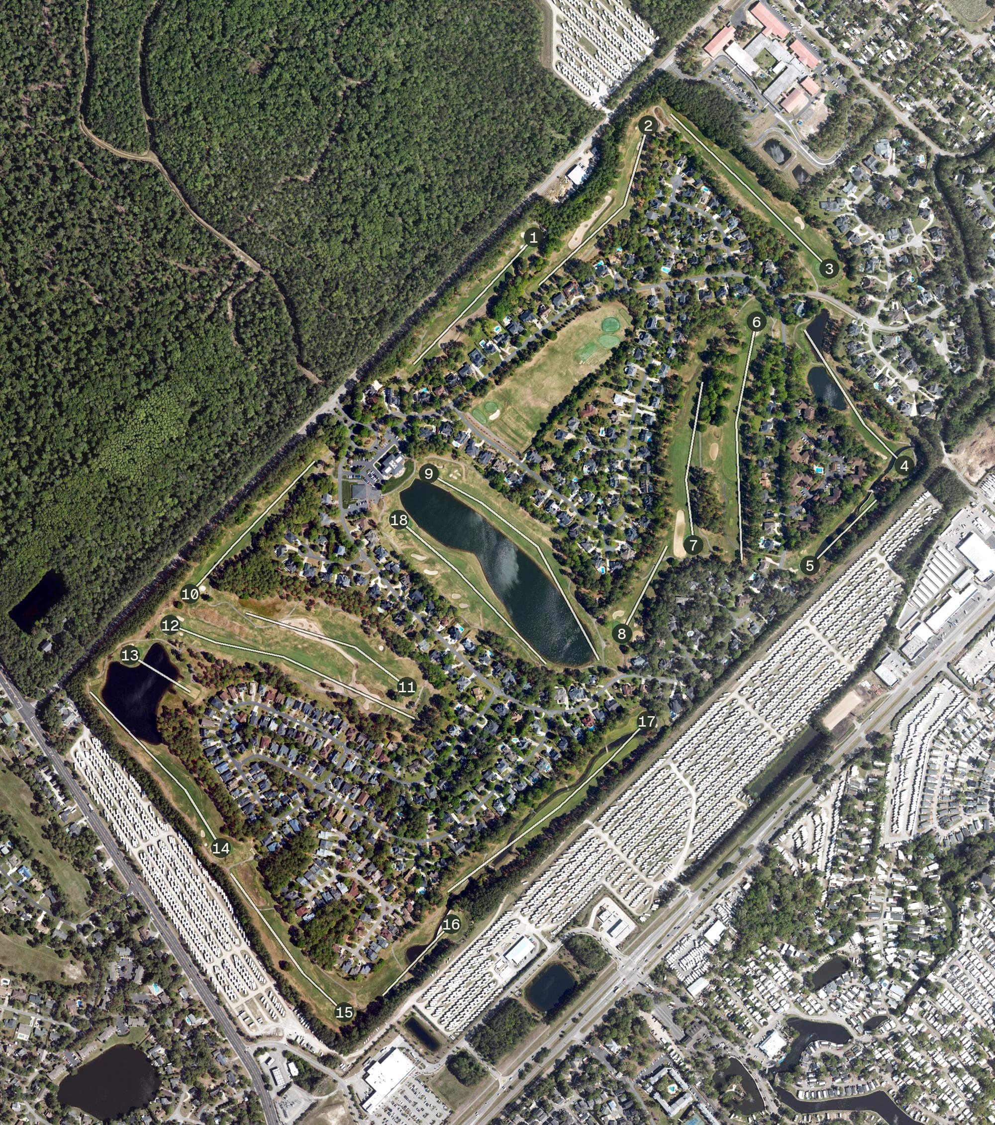 Aerial view of Prestwick Country Club, SC, with its hole routing marked