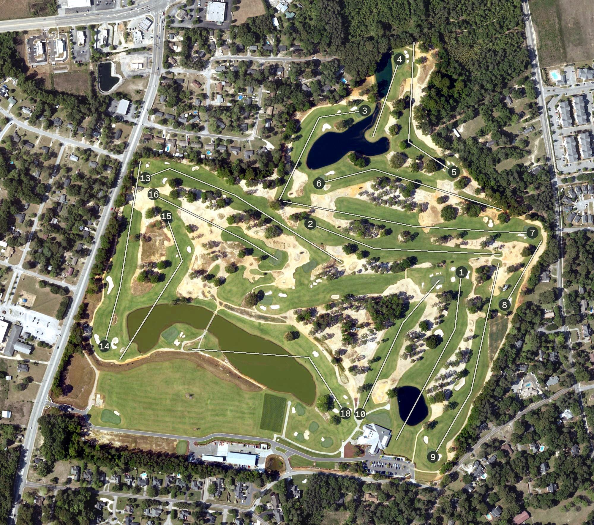 Aerial view of Quixote Club, SC, with its hole routing marked